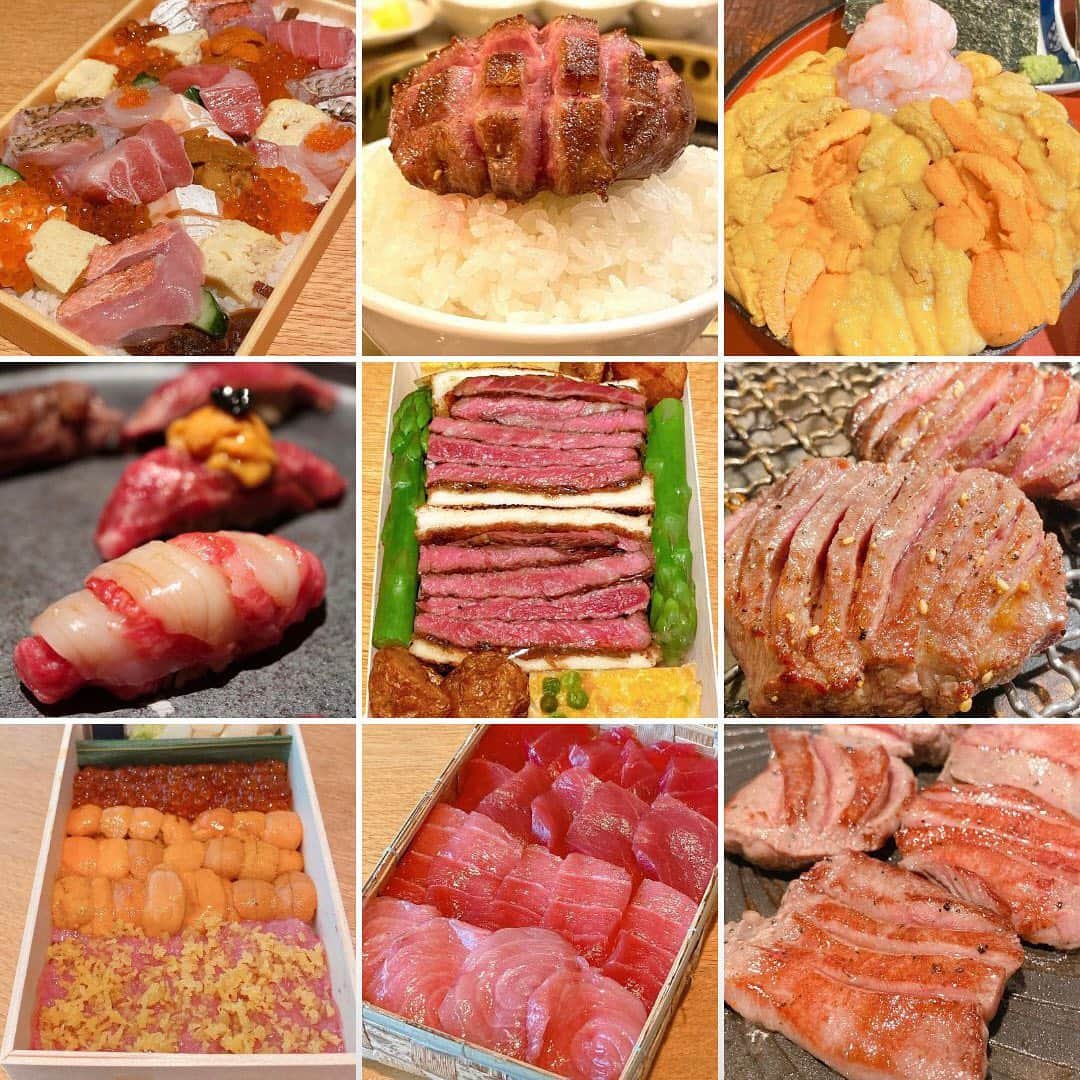 のインスタグラム：「2020カロリー総決算！ 今年のインスタグラムでいいねを多くしてもらえた「ベスト9（左上から順）」を発表します🌟 -- - 1. 河岸頭@築地（ばらちらしのテイクアウト） 2. 焼肉MITSUKUNI@六本木（厚切りタン） 3. うに乃余壱屋@北海道・余市町（ウニ丼） 4. 牛肉寿司KINTAN@銀座（生肉寿司） 5. The Burn@青山一丁目（ステーキサンドのテイクアウト） 6. 牛タン処 兎月@月島（厚切りタン） 7. 鮨在@広尾（雲丹いくらトロたく丼のテイクアウト） 8. マグロマート@中野（マグロちらしのテイクアウト） 9. 焼肉ヒロミヤ@曙橋（焼肉セットのお取り寄せ） --- というように、「テイクアウト＋お取り寄せ」のおうちごはんが半数以上（5つランクイン）になったのが、まさに今の時代の映し鏡とも言えるかもね😳 - 今年は3月に会社を辞めて独立したり、個人的にも激動（体重も上に変動）の一年だったけど、美味しいごはんで少しでも楽しい気持ちになってもらえるよう、来年も全肉投球するね👊✨（丑年だし🐮笑） そんなわけで、2021年も引き続きコッテリよろしくお願いします❗️ - #東京グルメ #bestnine #topnine #いいね数ランキング #いいね数がすべてじゃないけど #喜んでもらえたのが分かると嬉しい #高いグルメも #安いグルメも #ハイカロリーなグルメも #ヘルシーなグルメも #楽しみ方は人それぞれ #太り方も人それぞれ #とりあえず正月太りします」