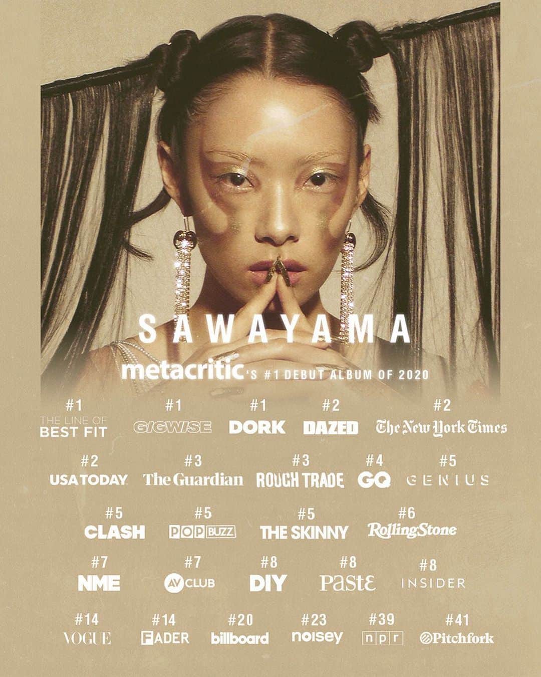 リナ・サワヤマのインスタグラム：「this is so so so crazy 😭😭😭😭   thank u so much for supporting SAWAYAMA despite all the horror this year has brought. looking back I just hope that the record brought some respite and escapism. U streamed and bought the record, bought the merch, sold out almost all my shows for next year and for that I am unbelievably grateful 🥺   thank u PIXELS for supporting me SO hard !!! I love u and take this platform, responsibility and trust so so seriously !!!! I’m SO excited to see u next year hopefully irl, inspired by your support I’ve already written new songs that I can’t wait to share and sing w u !!!   love u and please stay safe, especially in the UK where I live where we must MUST protect our NHS and key workers !!!!! if u r a key worker thank u from the bottom of all our hearts !!!!   I’ve tagged my amazing ride or die team who I couldn’t have survived this year without ❤️」