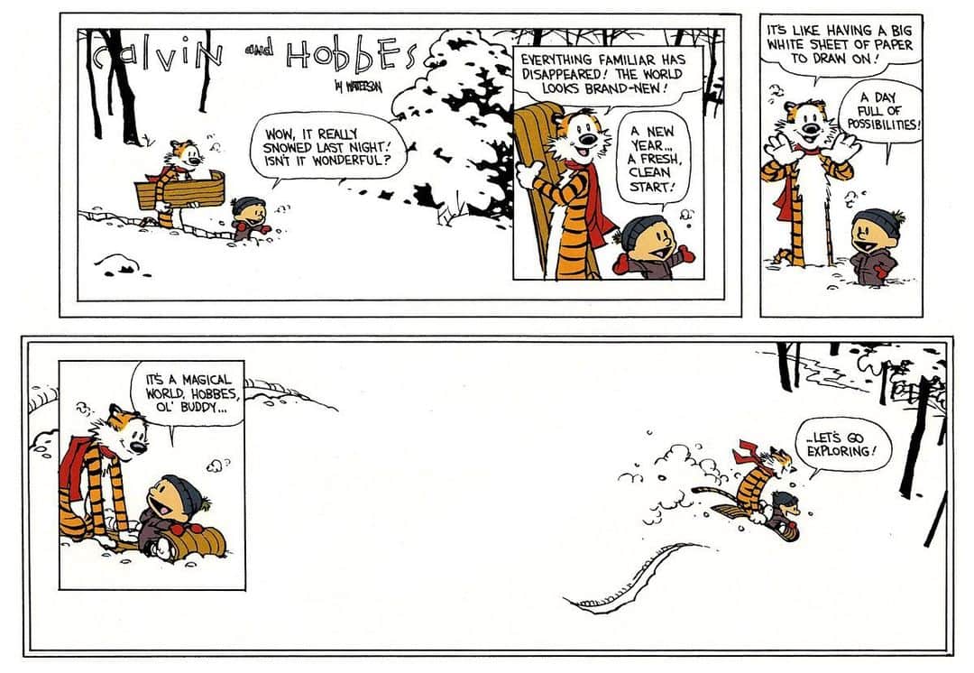 ケンゾーミナミのインスタグラム：「The final strip of #calvinandhobbes was released today 25 years ago, on December 31, 1995.   The best ending as the great beginning. The great beginning as the best ending.  (This one has been sitting in my draft, waiting for today...)」