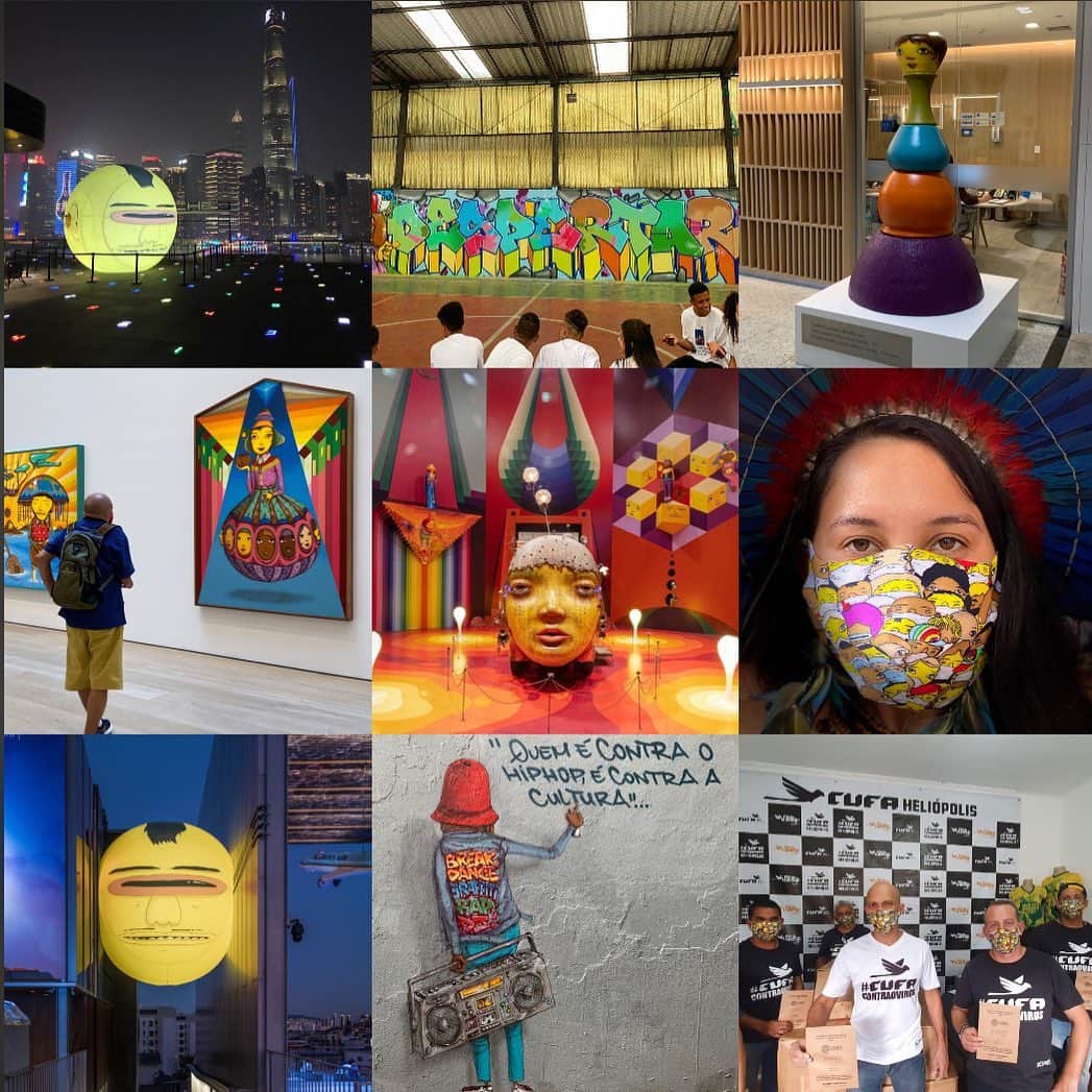 osgemeosのインスタグラム：「In the midst of an atypical, difficult and sad year, we managed to bring a little happiness , magic, social work, and provide playful moments with the projects we did during this year. We wish you all a 2021 of peace, joy and great health.  Em meio a um ano atípico, difícil e triste, conseguimos trazer um pouco de alegria, magia, projetos  sociais, e proporcionar momentos lúdicos com os projetos que  fizemos este ano.  Desejamos a todos um 2021 de Paz, alegria e muita saúde . “You are my guest” Storage by Hyundai Card Seoul, South Korea. @hyundaicard_dive  “SEGREDOS” retrospectiva  panorâmica Pinacoteca de São Paulo, Brasil.  @pinacotecasp  “PORTAL” exhibition,  Lehmann Maupin gallery New York City. @lehmannmaupin “You are my guest” Fosun foundation - Shangai China. www.fosunfoundation.com  @fosunfoundation  Escultura para Unidade Morumbi - Hospital Israelita Albert Einstein , doação de Paulo Prousham. Workshop,  com os meninos e meninas  da Associação Comunitária Despertar  Produção e doação de Máscaras de proteção  UNIDOS CONTRA COVID 19 / 2020/21 Projeto criado por #osgemeos, máscaras produzidas por: @rossettextil PROJETO 100%SOCIAL.  Apoio: @pinacotecasp  Junto com a entrega de EPIs, marmitas, cestas básicas, equipamentos e auxílios para pessoas em situação de vulnerabilidade.  Obrigado a todos/as que fizeram parte destes projetos, que  2021 seja leve 🙏🏻❤️✨」