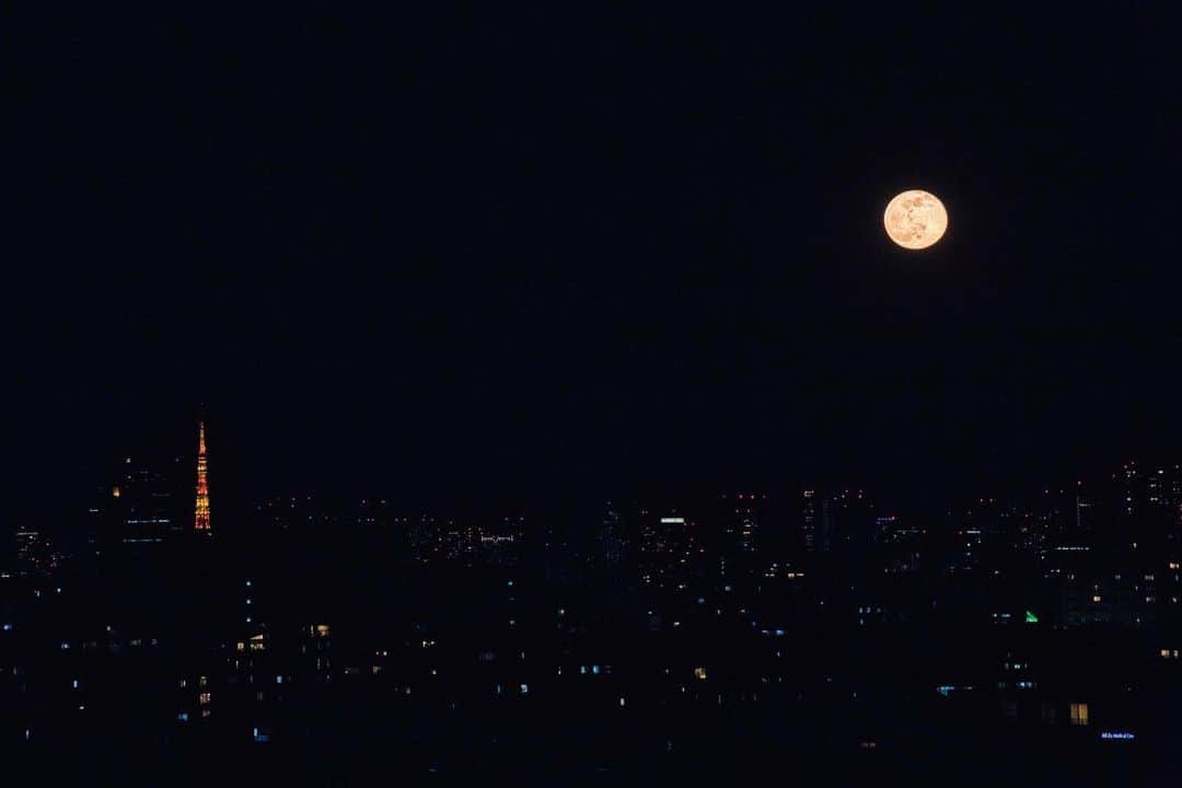 林信行のインスタグラム：「Happy New Year! May we find peace in Year 2021! (Picture of #TokyoTower x #Moon taken on New Year’s Eve). あけましておめでとうございます。 (写真は大晦日に撮った #東京タワー🗼 と #月 )  業務連絡: @kaneko164 教えてくれてありがとう！真剣に撮っていたので挨拶できずに申し訳ない💦)」