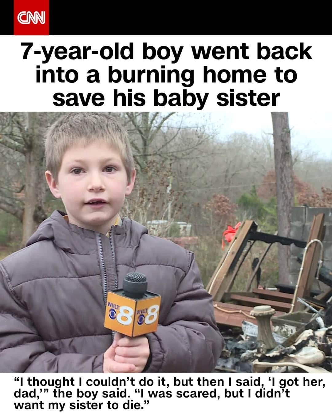 CNNさんのインスタグラム写真 - (CNNInstagram)「A 7-year-old boy named Eli saved his baby sister's life when he jumped into her room through a window to rescue her from a fire that destroyed his family's home. "We couldn't be more proud of Eli," said Chris Davidson, who has been his foster parent for nearly a year. Eli (shown above) later told the story to CNN affiliate WVLT in Tennessee.⁠ (📸: WVLT)⁠」1月1日 3時02分 - cnn