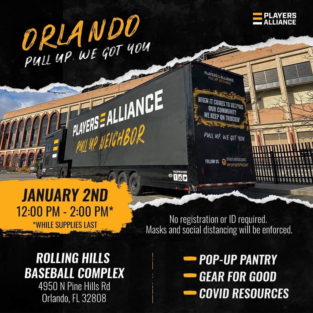 ディー・ゴードンのインスタグラム：「ORLANDO!! Pull up! @theplayersalliance will be here January 2nd handing out Covid supplies and baseball gear...See you Saturday!」