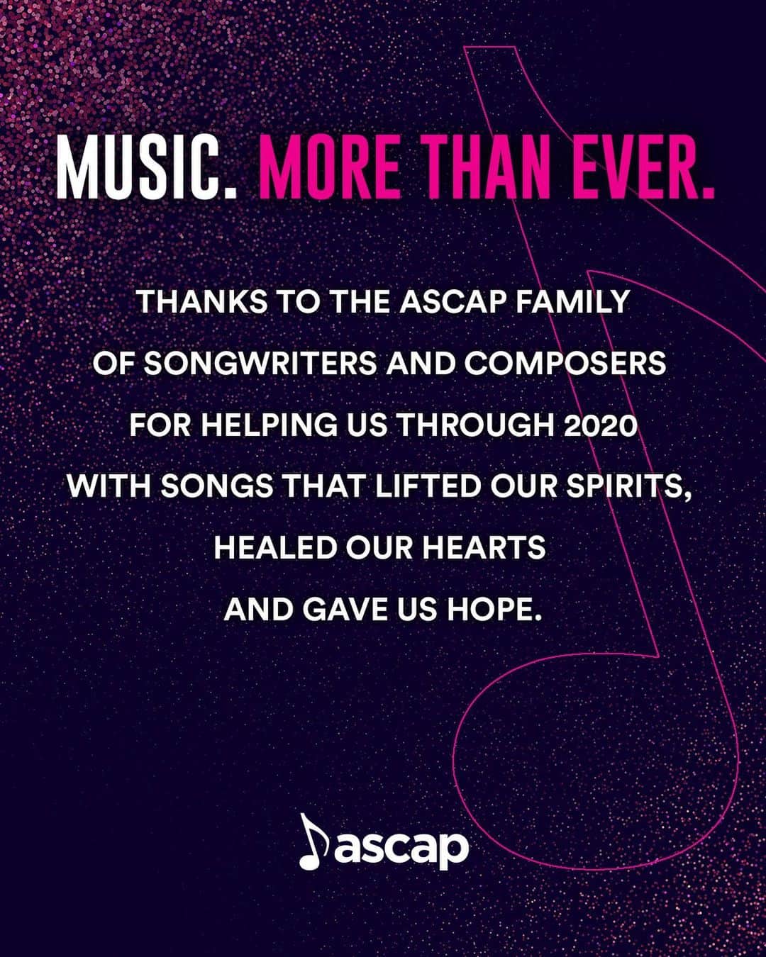 ASCAPさんのインスタグラム写真 - (ASCAPInstagram)「In the most difficult year, music was a light in the darkness.✨ In #2020, the global #ASCAP family inspired us, lifted our spirits, and kept us connected when we couldn’t be with each other in person.   Check out the link in our bio for our year end highlights.」1月1日 7時47分 - ascap