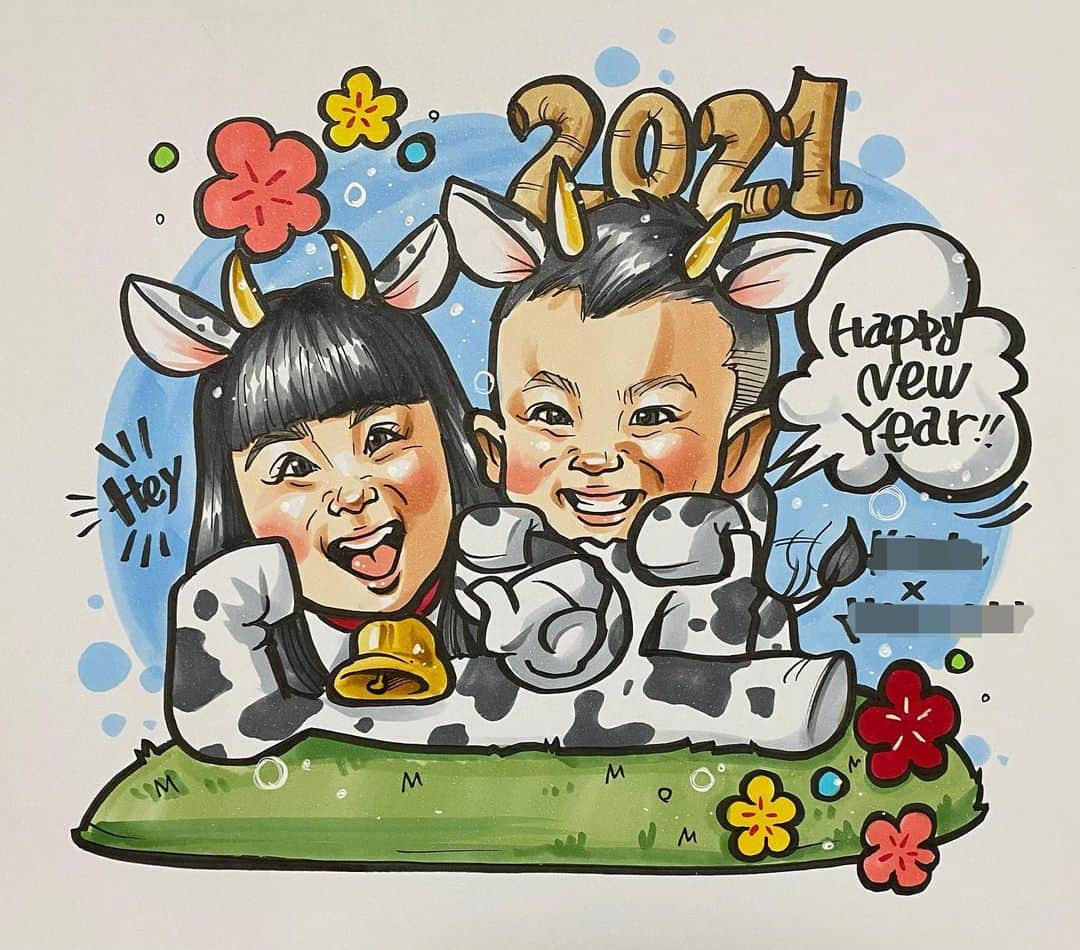 似顔絵★𝗚𝗢𝗥𝗜𝗞𝗜𝗡𝗚のインスタグラム：「. .  #2021 #happynewyear ❤️  . . あけましておめでとうございます🎍💕 . . 今年もどうぞ、 宜しくお願い致します🙇‍♀️❤️❤️❤️❤️  . .  新年一発目は、 やっぱり我が子で😘💕　 もう牛コスだらけ🤣ww  . . . 今年は目標に対して 猪突もぉーーーーーーー🐮進🔥🔥🔥 いたします❤️w←使い方合ってる？w . . #似顔絵 #イラスト #猪突猛進 #新年 #丑年  #あけおめ」