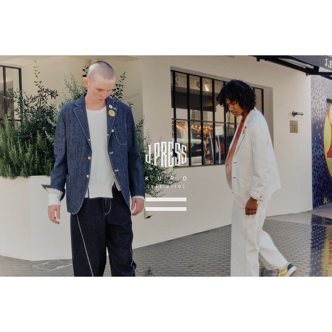 KUROのインスタグラム：「a happy new year  2021spring&summer collection KURO x JPRESS   KUROとJ.PRESS & SON’S AOYAMAとのコラボコレクションを、2021年2月中旬より、KURO 各店、 J.PRESS & SON’S AOYAMAにて一般発売開始。  2021年1月1日よりKUROオフィシャルオ ンラインストアにて先行予約をスタートいたします。 常にデニムの新しいクリエイションを追及し続けるKUROは、 J.PRESSのトラディッショナルアイ テムに、KUROのオリジナルデニム素材を掛け合わせることで新しい世界観を生みだしました。 遊び心のある大人のリラックススタイルをお楽しみください。」