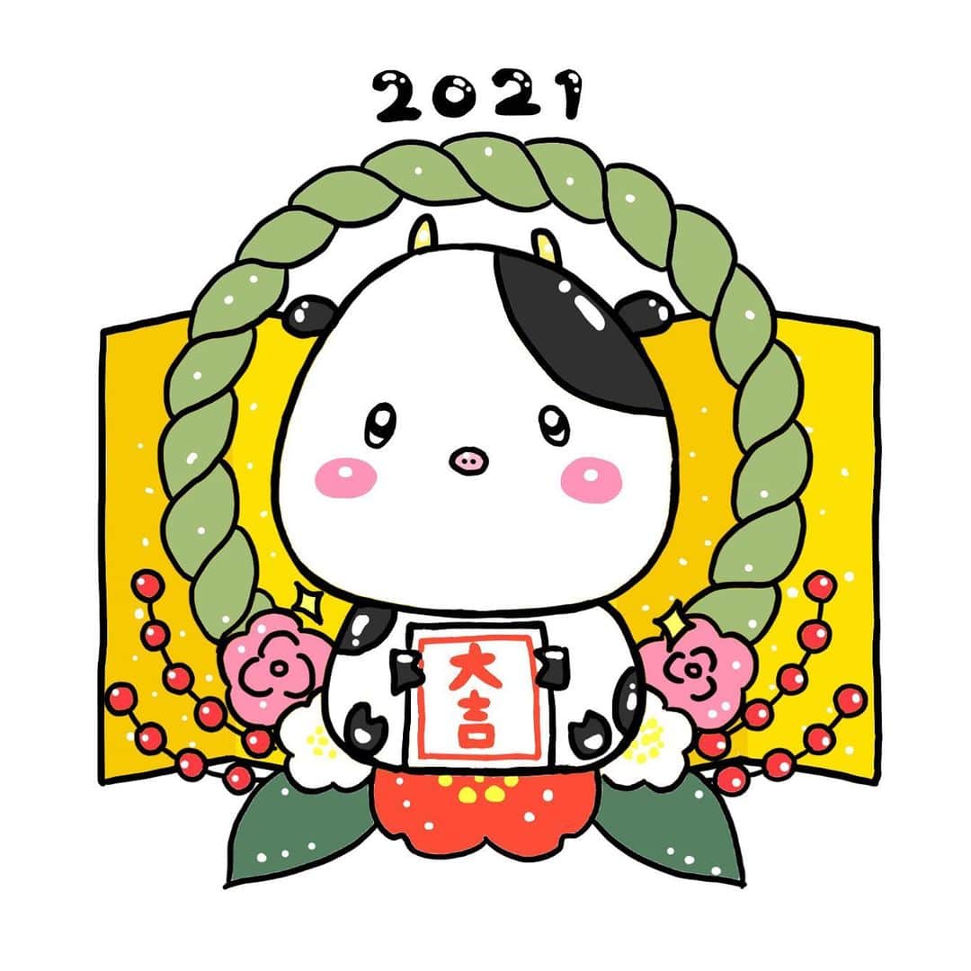 大山美保のインスタグラム：「あけましておめでとうございます😊﻿ 皆さんにとって2021年がハッピーな年になりますように‼︎﻿ 本年もどうぞよろしくお願い致します🙇‍♀️﻿ ﻿ 🐮﻿ ﻿ 🐮﻿ ﻿ 🐮﻿ ﻿ こちらのデザイン、﻿ 缶バッジ、キーホルダー、マグネット、ミラー﻿となって、﻿ @atelier_nicole さんで販売中😊❣️﻿ ﻿ 今年もmihomaru paintをよろしくお願い致します🙇‍♀️✨﻿ ﻿ ﻿ ﻿ #2021年﻿ #あけましておめでとうございます﻿ #元旦﻿ #丑年﻿ #今年もよろしくお願い致します﻿ #イラスト﻿ #コラボ商品﻿ #atelierNICOLE」