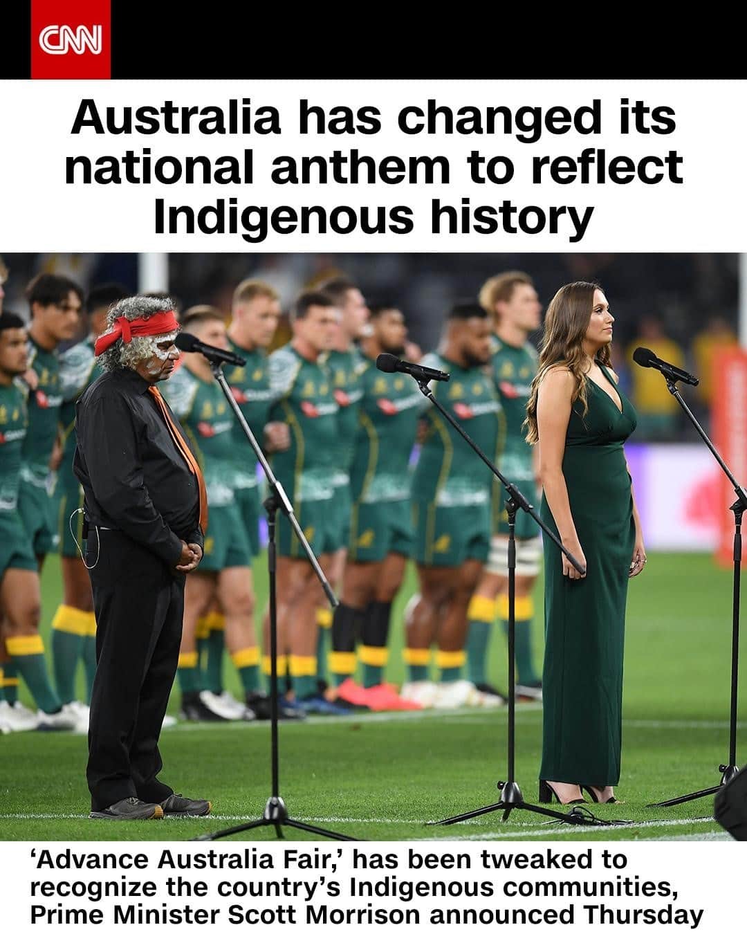 CNNさんのインスタグラム写真 - (CNNInstagram)「Australia woke up to a new year on Friday — and a slightly different national anthem. "Australia as a modern nation may be relatively young, but our country's story is ancient, as are the stories of the many First Nations peoples whose stewardship we rightly acknowledge and respect," Prime Minister Scott Morrison wrote in the Sydney Morning Herald. The anthem, which has been tweaked to recognize the country’s Indigenous history, had become controversial in recent years. In particular, many  pushed back against the phrase "for we are young and free" — a nod to when Britain's First Fleet landed in Australia in 1788 — given that Australia is home to one of the world's oldest known civilizations. The line will now end with "one and free."⁠ ⁠ (📸: Dean Lewins/EPA-EFE/Shutterstock)」1月2日 5時01分 - cnn