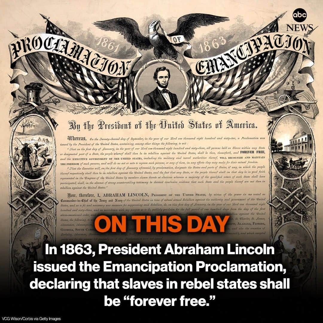 ABC Newsさんのインスタグラム写真 - (ABC NewsInstagram)「ON THIS DAY: In 1863, President Abraham Lincoln issued the Emancipation Proclamation, declaring that slaves in rebel states shall be “forever free.” #onthisday #history」1月1日 20時11分 - abcnews