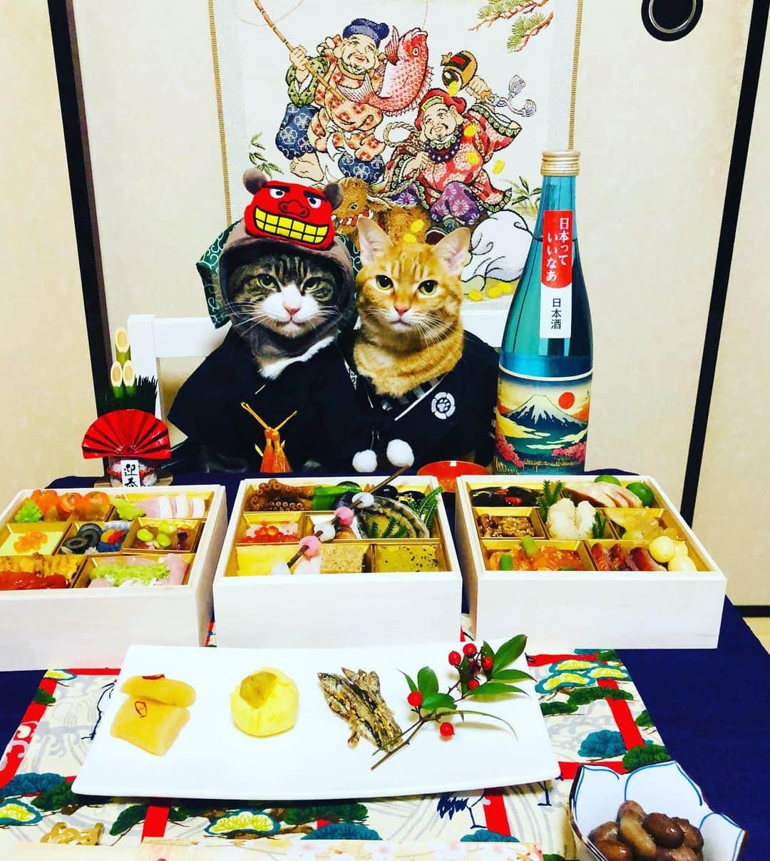 マロさんのインスタグラム写真 - (マロInstagram)「🎍元旦🎍　SWIPE▶️ ✴︎ 新年明けましておめでとうございます🌅 今年もマロペースな投稿になりますが、よろしくお願いします🙇‍♀️ 皆さまにとって幸多き1年になりますように🌠 ✴︎ Happy New Year‼️ It will be a Maro-paced post this year as well, thank you for your support❣️ May 2021 be a happy and great year for you🌠 ✴︎ #cat#cats#catsofinstagram#😻 #happynewyear#2021#sake #japanesefood#japaneseculture  #にゃんすたぐらむ#ねこ#ねこ部 #猫#元旦#お正月#2021#おせち  #おせち料理#日本酒#猫の多頭飼い  #コロナに負けるな#おうち時間  #あけましておめでとうございます  #猫のいる暮らし#斉藤和義」1月1日 20時04分 - rinne172