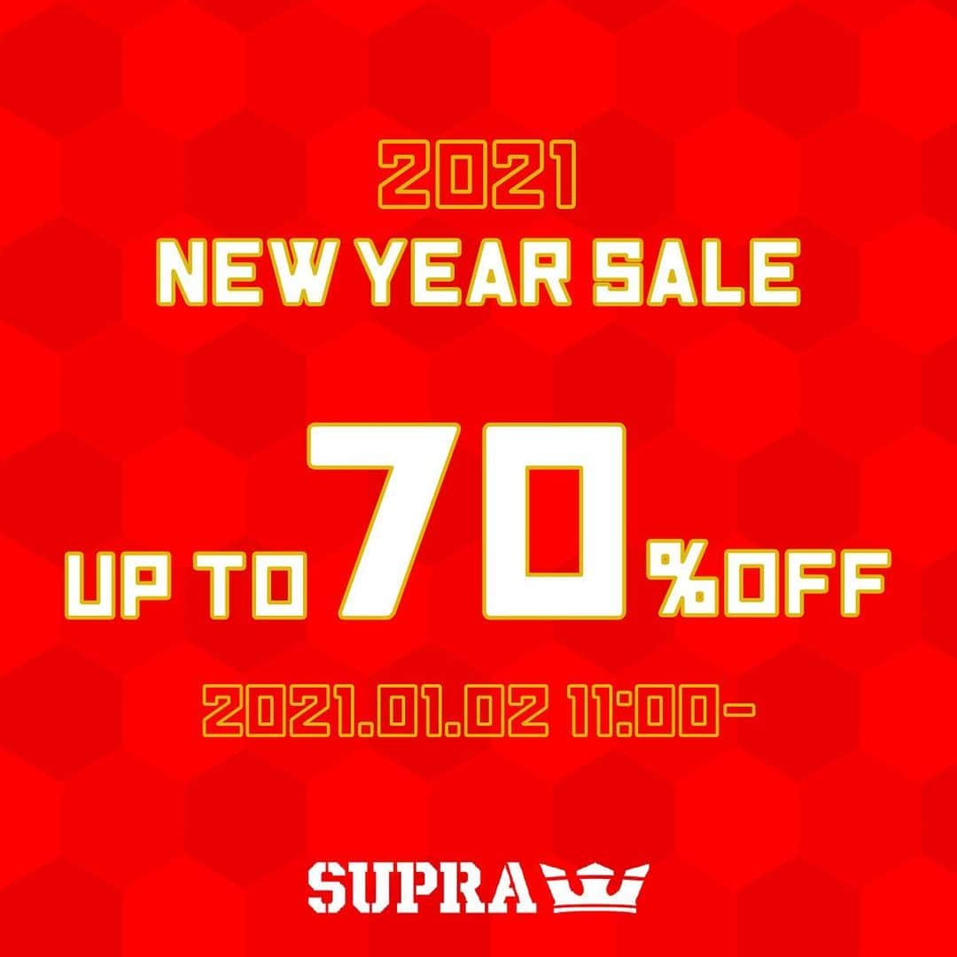 SUPRA TOKYOのインスタグラム：「【 2021 NEW YEAR SALE 】 2021年の初売りはFW20 COLLECTIONも含む、 最大70%OFFの"NEW YEAR SALE"を SUPRA原宿にて開催致します。  毎年御好評頂いております福袋の販売もありますので、初売りはSUPRA原宿に是非お越し下さい‼︎  この機会をお見逃しなく‼︎」