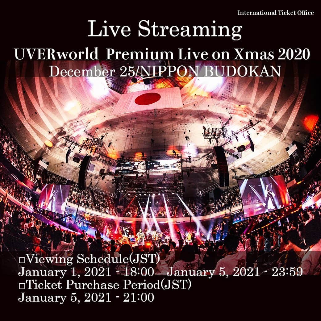 UVERworld【公式】さんのインスタグラム写真 - (UVERworld【公式】Instagram)「Live Streaming﻿ UVERworld Premium Live on Xmas 2020 ﻿ ﻿ We are ready to accept livestream concert ticket purchases for overseas members.﻿ ﻿ ―――――――﻿ Ticket Purchase﻿ UVERworld Premium Live on Xmas 2020﻿ （livestream concert）﻿ ―――――――﻿ ■Viewing Schedule(JST)﻿ January 1, 2021 - 18:00﻿ January 5, 2021 - 23:59﻿ ﻿ ■Purchase Period(JST)﻿ January 5, 2021 - 21:00﻿ ﻿ ◾️ Book Tickets Here﻿ https://w.pia.jp/a/uverworld2020-Xmas-engpls/  #uverworld  #uverworld拡がる  #全ての人の選択は正しい #音楽が好きだと思いながら迎える新年 #もっと好きになる #2021年もよろしくお願いします」1月2日 0時01分 - uverworld_official