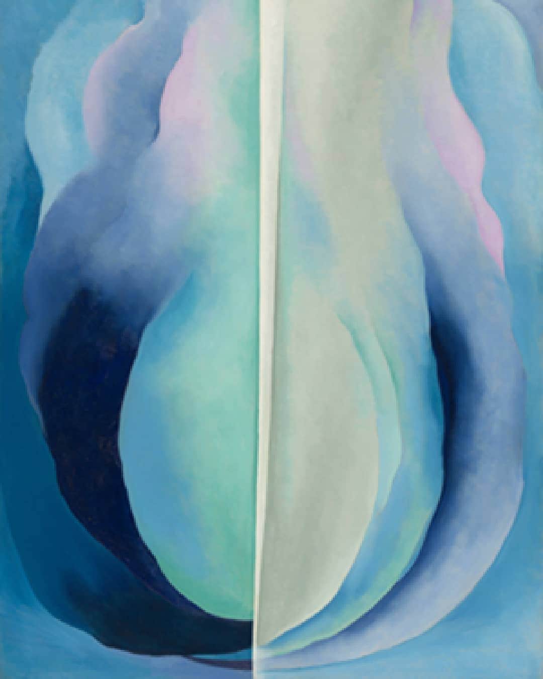 ニューヨーク近代美術館のインスタグラム：「“I decided to start anew, to strip away what I had been taught—to accept as true my own thinking.” — Georgia O'Keeffe  Start the new year with a new state of mind. Absorb the soothing colors of O'Keeffe's "Abstraction Blue" in a guided meditation with ​@dranitajohnston from our #ArtfulPracticesforWellbeing audio playlist. ​ ​Start listening at the link in our bio, and see the painting in the #MoMACollection gallery, New York City, 1920s. ​​--- [#GeorgiaOKeeffe. "Abstraction Blue" (detail). 1927. Oil on canvas. © 2020 The Georgia O'Keeffe Foundation / Artists Rights Society (ARS), New York]」
