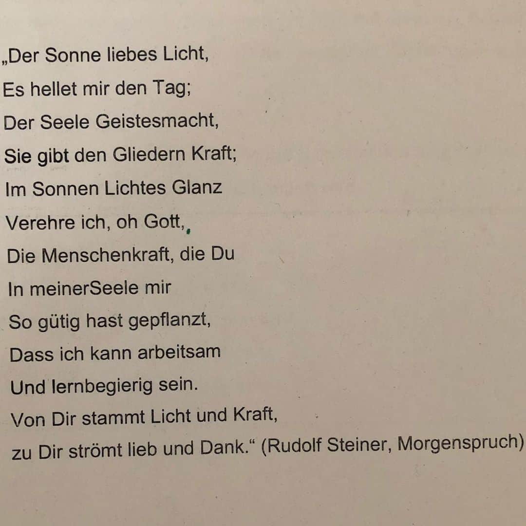 日登美さんのインスタグラム写真 - (日登美Instagram)「Morgenspruch.  #rudolfsteiner  シュタイナー学校で毎朝歌う朝の詩。 日本でも、ブラジルでも、そして今 ドイツで子供達が歌っています。  8年前、まだブラジルに引っ越したてで、ポルトガル語がわからなかった時にも、この朝の詩は真っ先に聞き覚えて繰り返していました。 言葉には力が宿るのは、日本語だけではないのかもしれません。  意味などわからなくてもよくて、 なんとなく繰り返すうちに、 何かが自分の内側から生まれるような、 内側と響き合うような、 お経もマントラもそう言うものかも しれませんが、 その時々で意味の捉え方も変化しながら 言葉の持つ見えない何かと共に生きる。 それが何なのかはわかりませんが、 私はこの詩と共に子供と生きてきたのだと それは私に力をくれていたと 思います。  生きること、育むこと。 それを支えてくれるものは お金とか、学力とか、知識とかだけでなく 目に見えない何か。 私はそう思います。  エビデンスの重視される世の中だからこそ、 人間の中にある確かな感覚を認めていきたい。大事にしたい。 それは野生とか智慧とか そう言う類のものではないかと。 それがこれからの子育てに益々大切なんではないかとそう思えてならないのです。  宗教だとか、神様だとか、怪しいとか、怪しくないとか。 そう言うことを超えた自然と人に備わっている尊い感覚を大切にできたら。と。  朝の詩  太陽の素晴らしい光 それが私の1日を照らします。 心の中の精神の力 それが手足に力を与えます。 太陽の光の輝きの中で 神様、私は人間の力を畏れ敬います。 それはあなたが私のために心に植えてくださいました。 私がよく働き、よく学べるようにと。 あなたから光と力がやってきます。 愛と感謝があなたに流れていきますように。  #子育て #見えない #ものに #寄り添って #育む #生きる #海外 #ママライフ #シュタイナー #教育 #ベルリン #ドイツ」1月2日 1時13分 - hitomihigashi_b