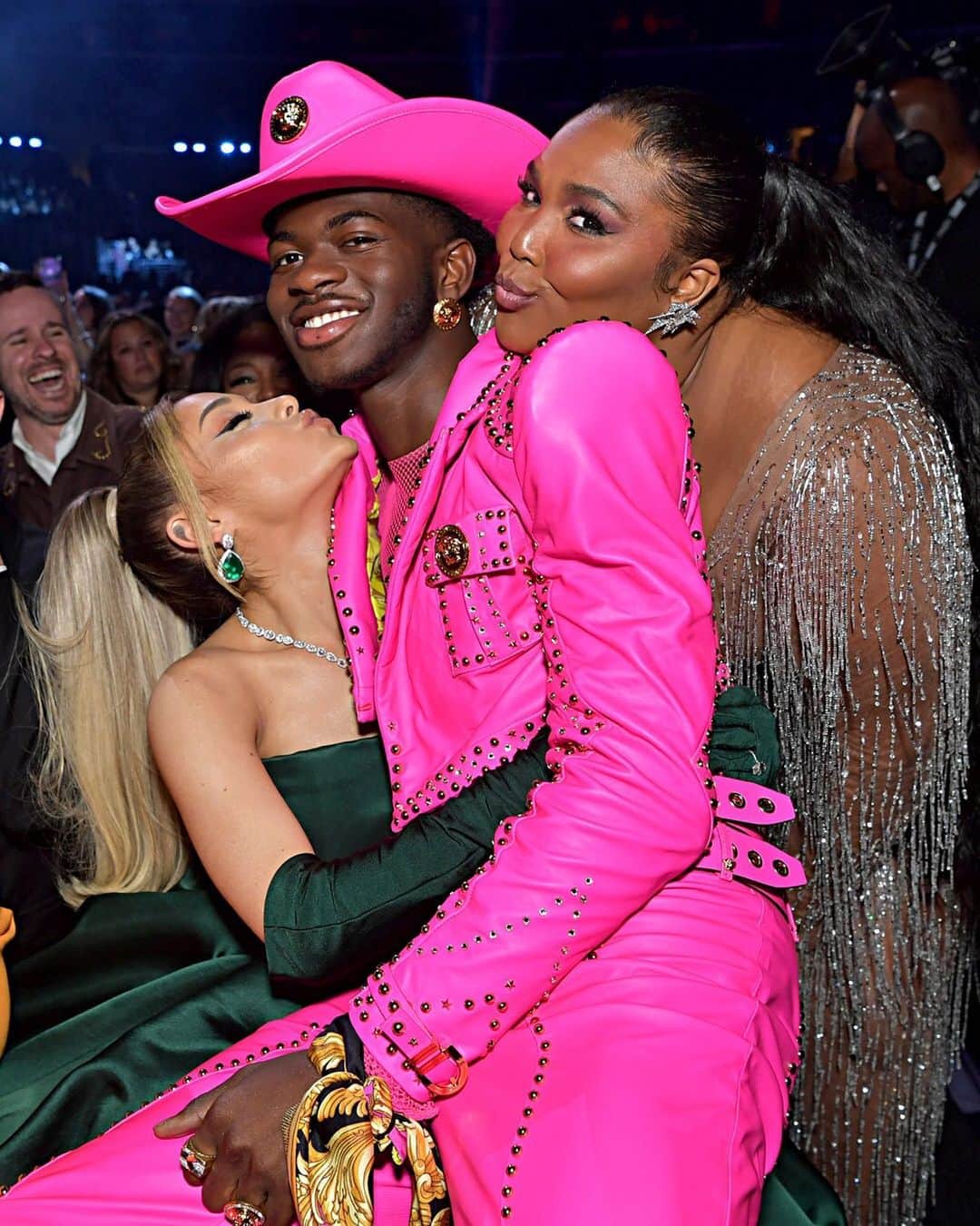 Fashion Weekのインスタグラム：「Here's to 2021 being filled with more moments and outfits like this. ♥️ #HappyNewYear! ⁠⠀ ⁠⠀ @arianagrande, @lilnasx, and @lizzobeeating at the 2020 Grammy Awards, photo @gettyimages.」