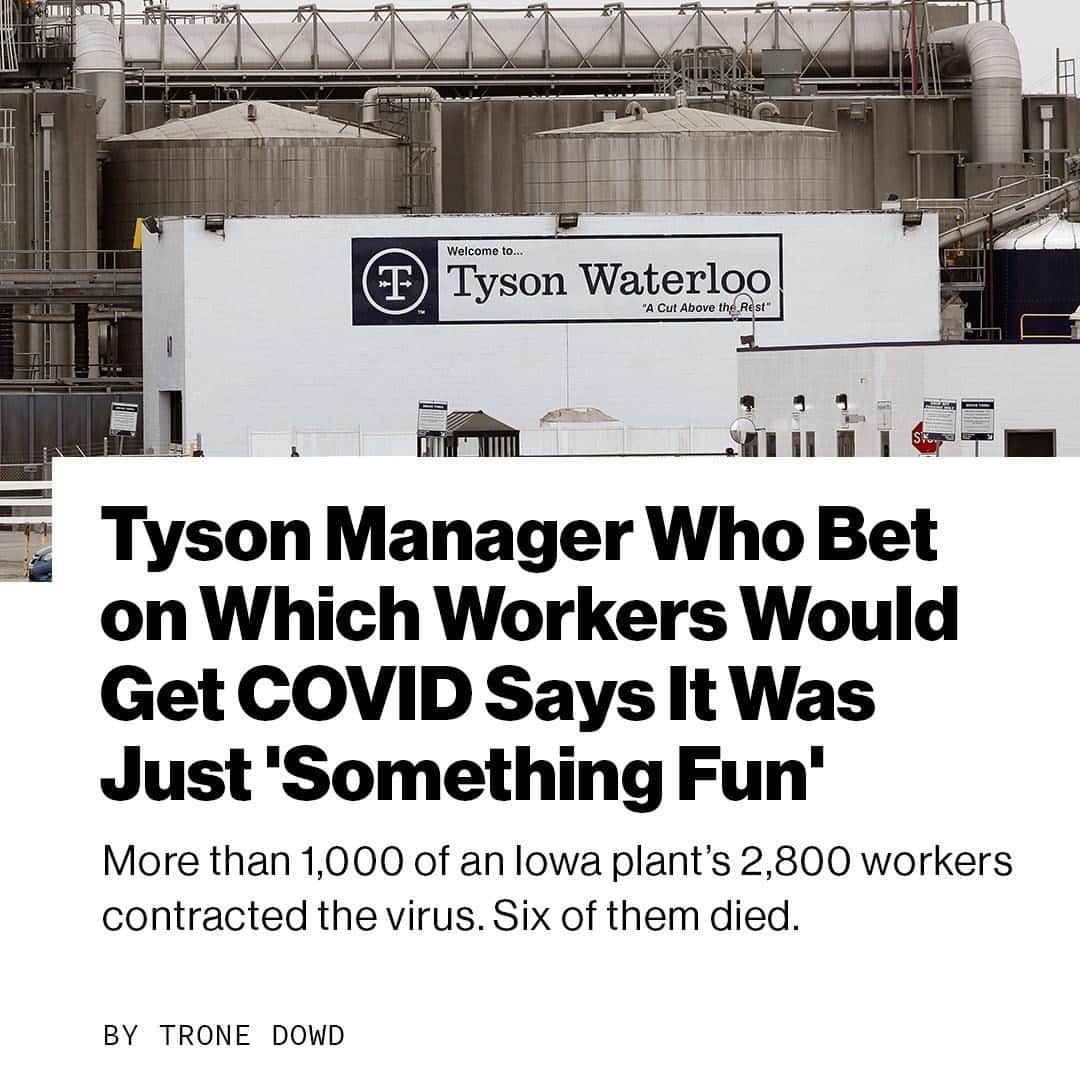 VICEさんのインスタグラム写真 - (VICEInstagram)「One of the Tyson Foods plant managers fired after being accused of betting on how many workers would come down with coronavirus tried to explain exactly how the idea of the grotesque office pool came about.⁠ ⁠ But Don Merschbrock’s explanation didn’t exactly clear his colleagues at the Waterloo, Iowa, plant of wrongdoing.⁠ ⁠ “It was a group of exhausted supervisors that had worked so hard and so smart to solve many unsolvable problems,” Merschbrock, a former night manager at the pork-processing plant, said in an interview with the Associated Press published Monday.⁠ ⁠ “It was simply something fun, kind of a morale boost for having put forth an incredible effort. There was never any malicious intent. It was never meant to disparage anyone.”⁠ ⁠ Link in bio.」1月2日 1時55分 - vice