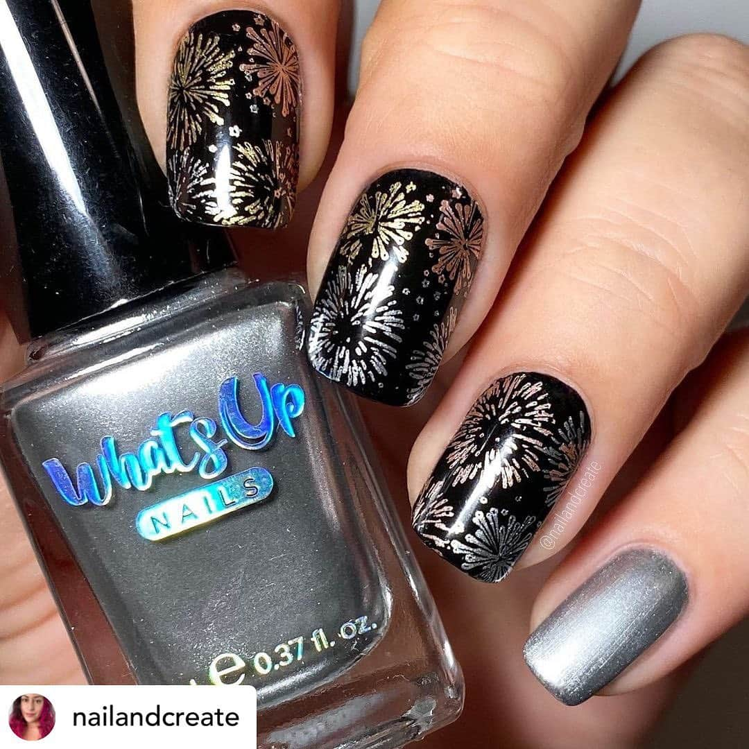 Nail Designsさんのインスタグラム写真 - (Nail DesignsInstagram)「Credit• @nailandcreate Last mani of the year, metallic fireworks to go out with a bang 💥 . Whats Up Nails {Silver Ag-ent}, {Go for Gild}, {Roses are Gold} and {Neither Noir} + stamping plate B034 ’Deck the Nails’ . #nyenails #fireworks #whatsupnails #nailart #nailsofinstagram #nailstagram #nailista #nailitdaily #nailinspo #stampingnailart #happynewyear #bye2020 #nails2inspire #nailsdid #naillove #instanails #nacwun #nailpromote #nailspafeature #nailstyle」1月2日 5時42分 - nailartfeature