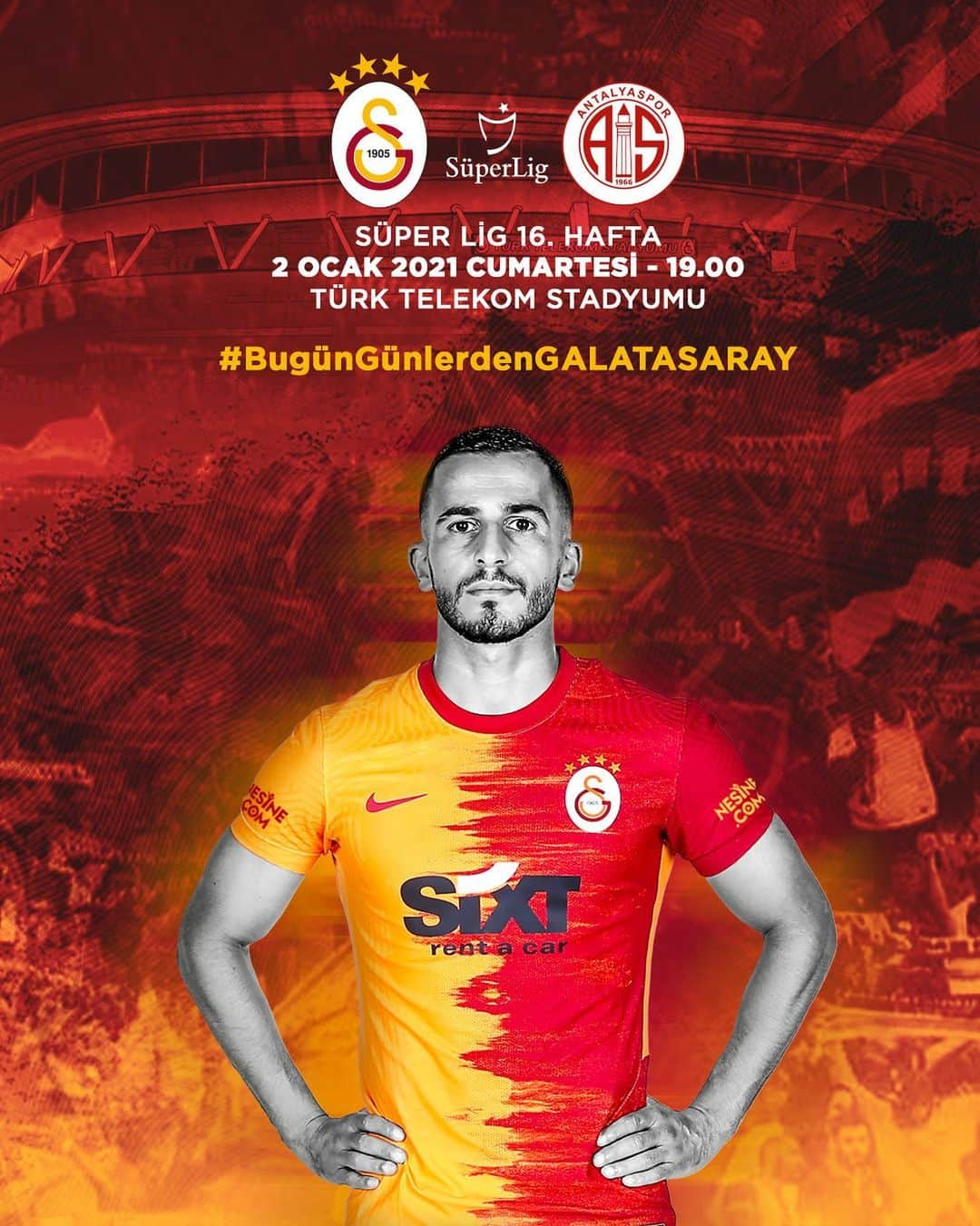 ガラタサライSKさんのインスタグラム写真 - (ガラタサライSKInstagram)「#BugünGünlerdenGALATASARAY 💪  🏆 Süper Lig 2020-2021 Sezonu 🗓 16. Hafta ⚽ Fraport-Tav Antalyaspor 📆 02.01.2021 ⏰ 19.00 🏟 Ali Sami Yen Spor Kompleksi Türk Telekom Stadyumu 📲 #GSvANT 🔗 https://www.galatasaray.org/haber/futbol/maca-dogru-galatasaray-fraport-tav-antalyaspor/47811」1月2日 6時01分 - galatasaray