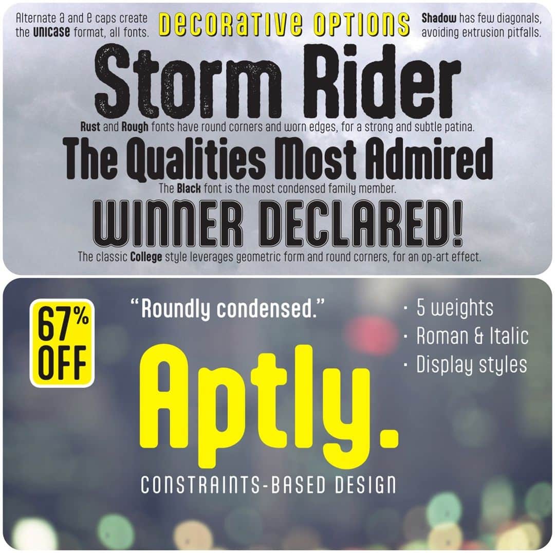 myfontsのインスタグラム：「One of several New Year’s Day new releases, Shinntype’s new Aptly is a rounded, condensed sans in multiple weights and styles; it’s 67% off for a very short introductory period: https://bit.ly/2WYL1KN」