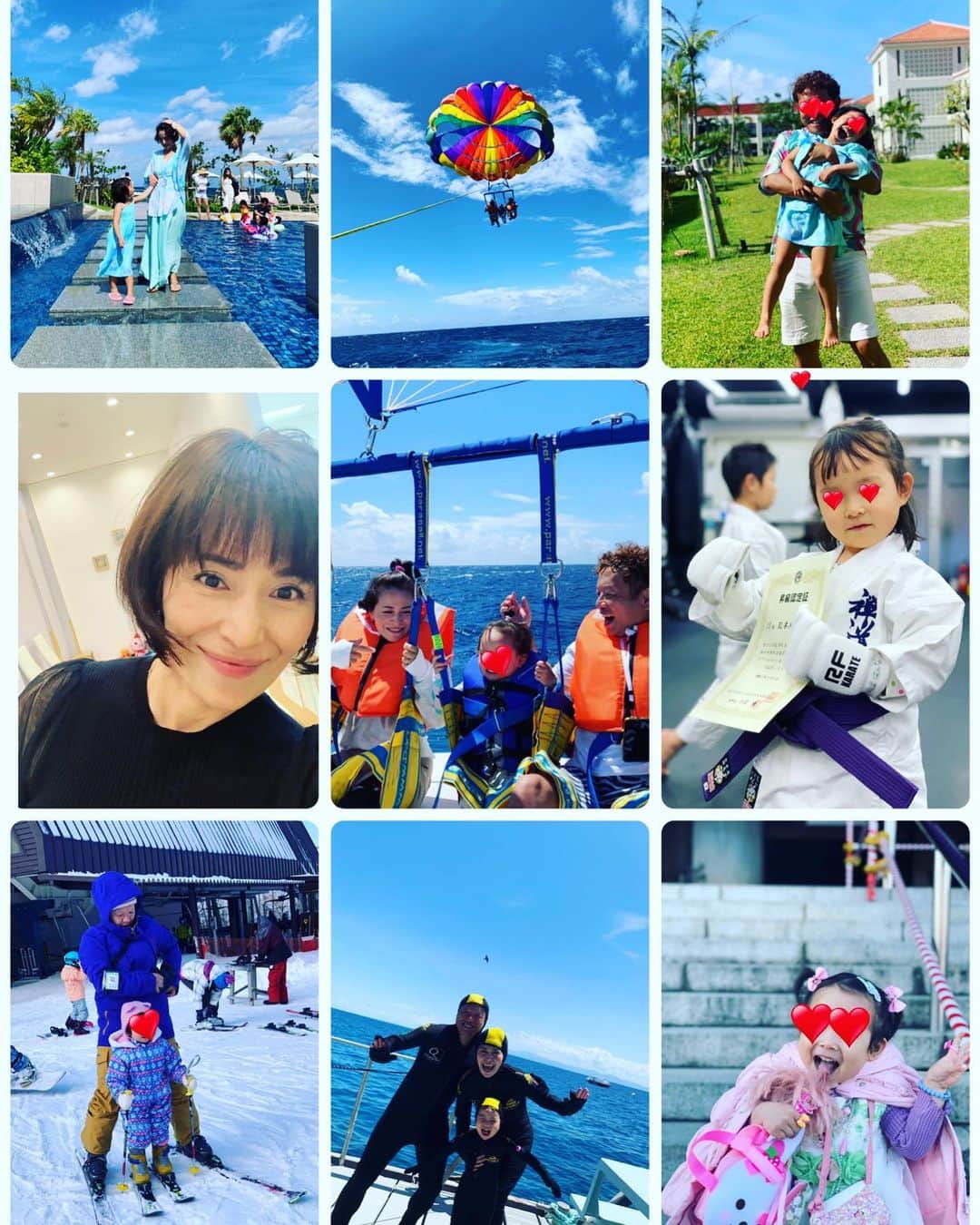 揚田亜紀のインスタグラム：「ご無沙汰！あけましめおめでとうございますー！  昨年を写真でまとめるとこんな感じでした。年少さんの娘にとにかく挑戦させたかなー。初めてのことに恐怖で震える娘に、怖いのは最初だけだ！いずれ慣れる！止まない雨はない！と、謎のゲキを飛ばしながら鍛えまくりました。笑  今年も宜しくお願いします。  #あけましておめでとうございます #パラセーリング #ダイビング ＃空手#スキー ＃スイミング」