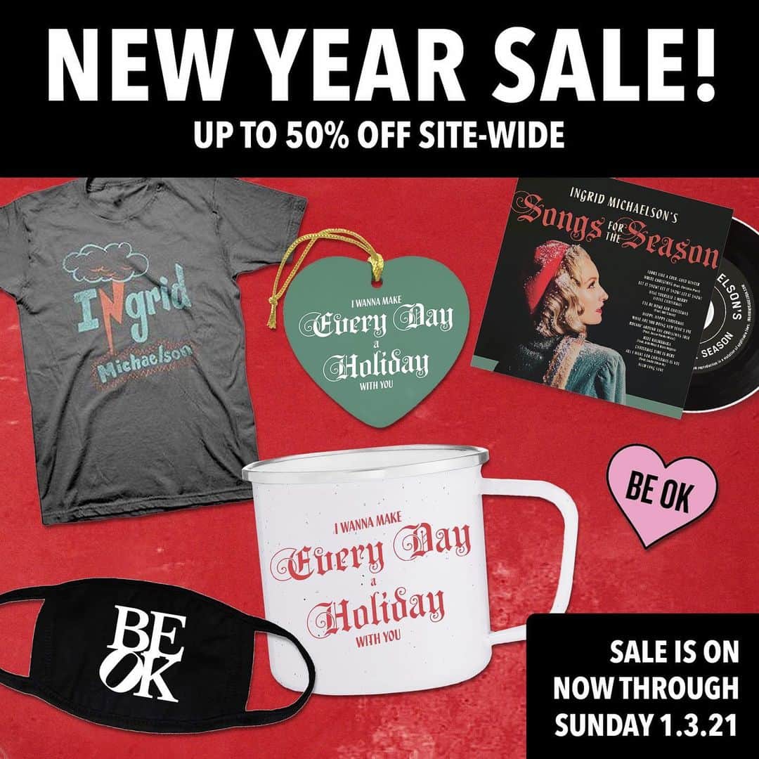 イングリッド・マイケルソンのインスタグラム：「THE 50% OFF SALE IS MID WAY AND MANY THINGS ARE NOW GONE. AND WHEN THEY ARE GONE THEY WILL BE GONE FOREVER!!!!! Go to the “holiday merch” link in bio to see what’s left! ♥️」