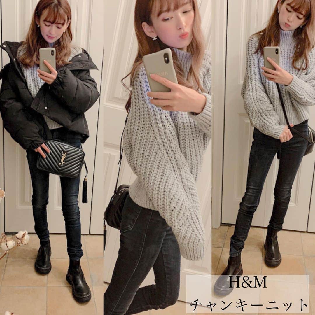 町田亜里香のインスタグラム：「やっぱりH&Mの チャンキーニットは可愛い😍✨ この前イオン言った時に、 10分買い物みたいな感じで買ったら サイズSとMだったの。 本当はMがほしかったの。 これはSサイズ🤫 でも、小さくても可愛いわ🤦‍♀️💕 チャンキーニット形が可愛い。 しかも2990円とかだよね🥺？ もうプチプラ様々✨ . . お洋服はタグ付けしておきます👶🏻。 . . #コーデ #ママコーデ  #チャンキーニット  #チャンキーニットコーデ  #handm @hm @ysl」