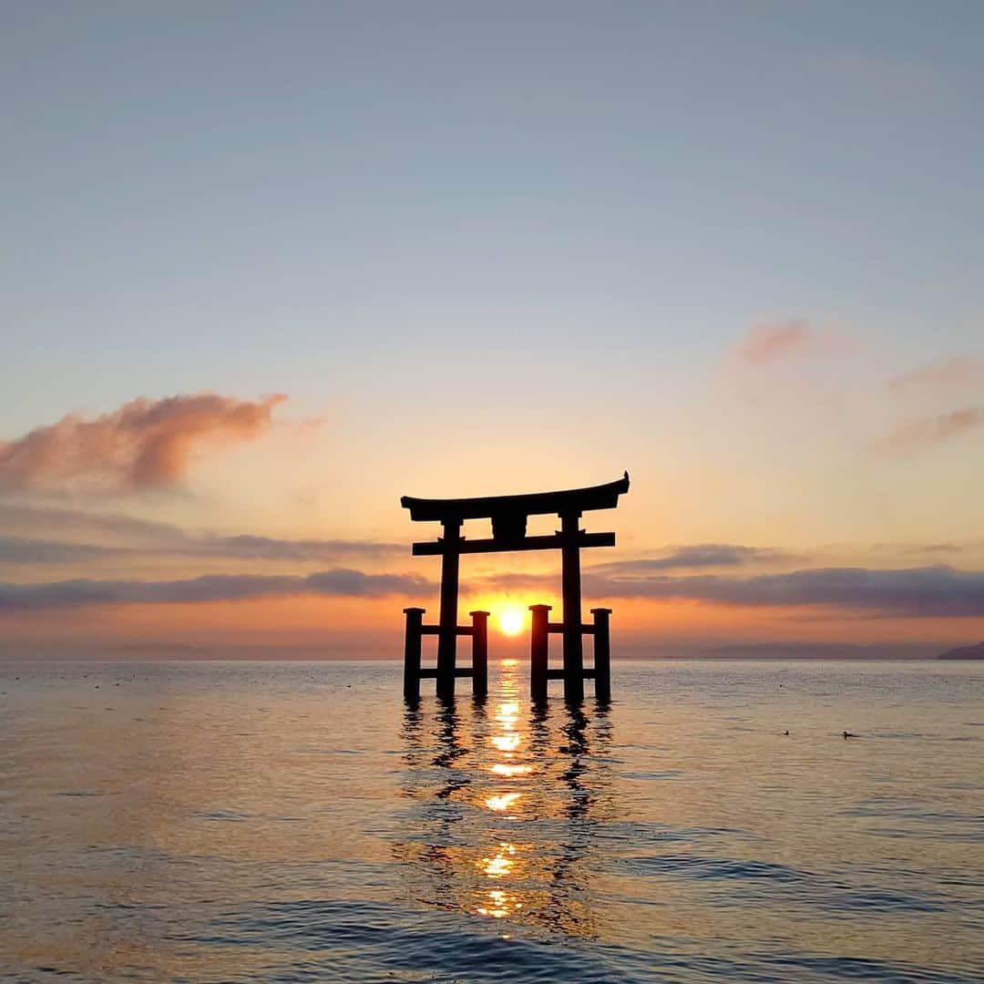 琵琶湖グランドホテル / 京近江のインスタグラム：「白髭神社、琵琶湖上の鳥居と日の出。 #白髭神社 #鳥居 #琵琶湖 #日の出 #絶景 #滋賀 #京都 #滋賀旅行 #旅行 #琵琶湖グランドホテル #京近江 #shirahigeshrine #torii #lakebiwa #sunrise #beautifulview #landscape #shiga #kyoto #japan #gobiwako #hellootsu #goto #travel #biwakograndhotel #kyooumi @biwakograndhotel_kyooumi」