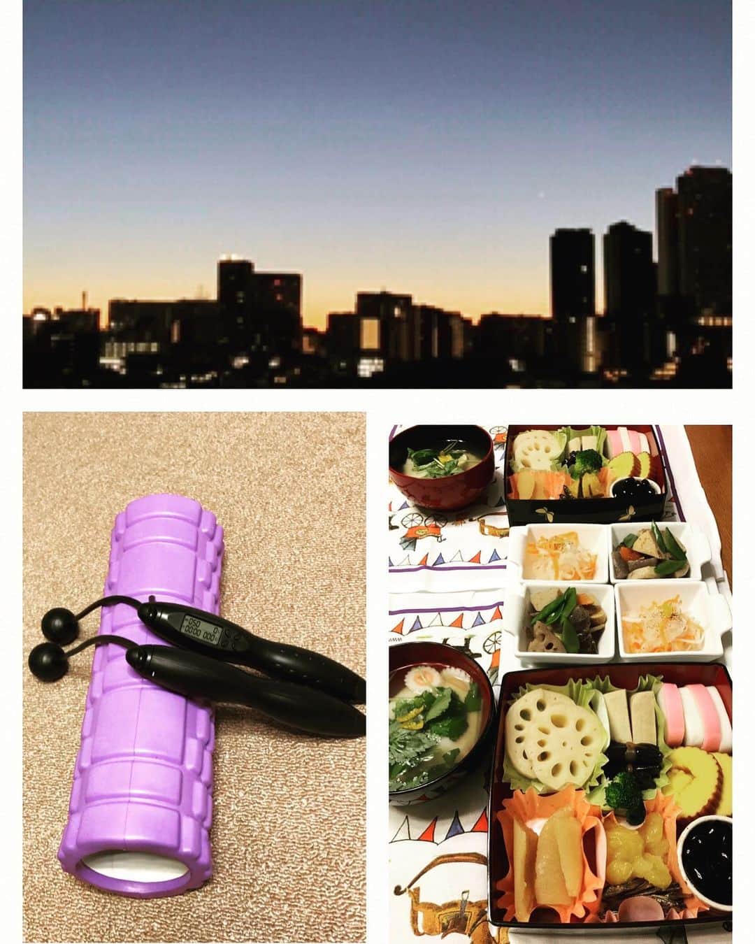 岡まゆみのインスタグラム：「2021年元日の朝焼け、今年の初買い、今年は一人ずつのお重でお節。静かに過ごしてます…。#元旦#朝焼け#お節#お一人様#初買い#岡まゆみ」