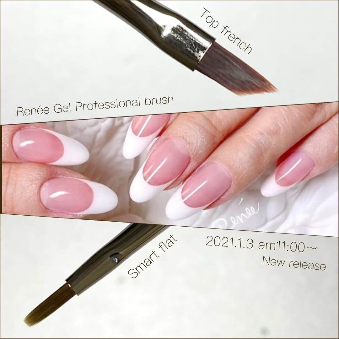 埜藤理恵のインスタグラム：「📢おしらせ📢﻿ Renée Gel Professional Brushシリーズから﻿ 究極のジェルフレンができる﻿ ブラシが完成しました✨✨✨✨﻿ ﻿ Renée productsオンラインショップにて﻿ 1/3(日)AM11:00〜﻿ 先行発売開始となります!!﻿ ﻿ ﻿ Top frenchは﻿ 滑らかな筆先と計算された厚みで﻿ スルッと美フレンチカーブを作れます。﻿ ﻿ Smart flatは﻿ コシと長さにこだわり小さな角を使い﻿ フレンチラインにガタつきができたときや﻿ ミリ単位での細かな修正ができる﻿ バックワイプブラシ﻿ 更に、細かいフラワーアートにも最適です！﻿ ﻿ 約1年間、工場を見直したり﻿ 何度も作り直してもらって﻿ やっと理想の﻿ 大好きなフレンチができるブラシが﻿ できました!!﻿ とてもこだわってます✨﻿ ﻿ ﻿ 専用オンラインショップは﻿ 明日1/3 am11:00より﻿ 数量限定で先行発売開始します🙏🏻✨﻿  @rrieenee instagramの﻿ プロフィールページURLをclickしていただき﻿ 【Renée ジェルプロフェッショナルブラシ﻿ web shop】をみていただくと﻿ ページが出てきます✨﻿ 公開日はストーリーでも﻿ URLを貼り付けますのでそちらからも飛べます🕊﻿ ﻿ ﻿ ﻿ nailsalon Renée®︎﻿ ￣￣￣￣￣￣￣￣﻿ TV.メディア出演﻿ スタッフ全員資格保持者﻿ カラー300種類以上﻿ パーツ1000種類以上﻿ 雑誌掲載デザイン多数﻿ ﻿ ﻿ ﻿ ▫︎Renée梅田本店﻿ 【open-close】10:00〜21:00﻿ 【定休日】不定休﻿ 【add】大阪市北区堂山町15-23-908﻿ ﻿ ▫︎Renée les deux梅田店﻿ 【open-close】10:00〜21:00﻿ 【定休日】不定休﻿ 【add】大阪市北区堂山町15-23-1003﻿ ﻿ ▫︎Renée by Beauland Ashiya芦屋店﻿ 【open-close】10:00〜21:00﻿ 【定休日】不定休﻿ 【add】芦屋市業平町6-11 Ashiya grotto 302﻿ ﻿ ﻿ ﻿ ﻿ ▶︎▶︎▶︎初回クーポンご利用頂けます﻿ ￣￣￣￣￣￣￣￣￣￣￣￣￣￣￣￣﻿ ご予約はプロフィールTOPのリンク内﻿ URLをご利用下さい。﻿ ﻿ ﻿ ﻿ メニューに迷った方やご相談は…﻿ ﻿ 　　🤍Renée公式LINE🤍﻿ ─────────────﻿  【@bos7903t】←※@から入力🔍﻿ ﻿ ﻿ ﻿ ﻿ ﻿ #nail#nails#gelnails#nailart#ネイル#ジェルネイル#美甲#네일#젤네일#冬ネイル#nailsalonrenee#ネイルサロンレネ﻿ #大阪ネイルサロン#梅田ネイルサロン#芦屋ネイルサロン#神戸#芦屋#beauland#冬ネイル﻿ #芦屋ネイルサロン#love#instagood」