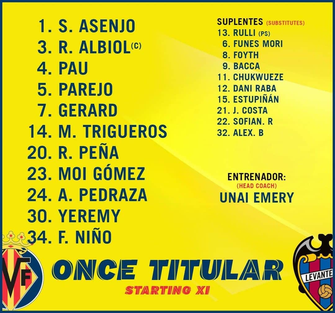 ビジャレアルCFのインスタグラム：「¡Nuestro once inicial para el #Villarreal 🆚 @levanteud! ¡Esta es la alineación que se medirá al conjunto granota a partir de las 14.00h (Estadio de la Cerámica)! . Our starting XI for #Villarreal 🆚 @levanteud! This is the lineup to take on the 'granota' side at 2pm (Estadio de la Cerámica)! . #Villarreal #futbol #football #soccer #laliga」