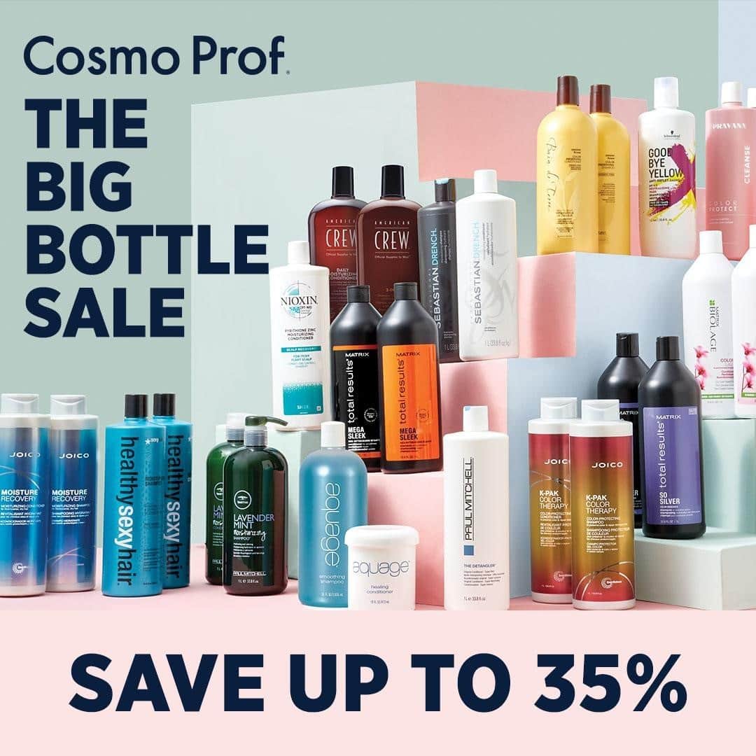 のインスタグラム：「New Year = Replenished Backbar🙌  This month, stock up and SAVE up to 35% on liters during our Big Bottle Sale at Cosmo Prof!   SHOP our Big Bottle Sale via #LinkInBio . Don't forget, Same Day Delivery available.  #cosmoprofbeauty #beautysale #cosmetologist #licensedcosmetologist #hairstylists」