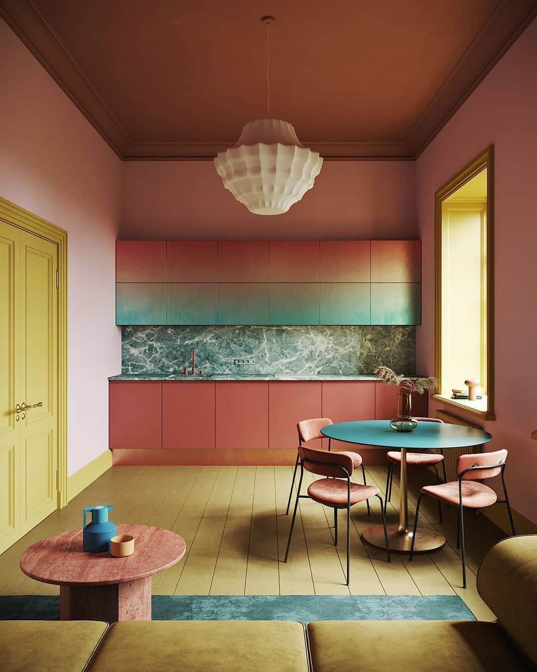 Homepolishのインスタグラム：「If we were on The Bachelor, these gradient cabinets would get our final rose. No questions asked! This modern space concept plays with a bold yet refined color combination.   Design by @yaroslav.priadka」