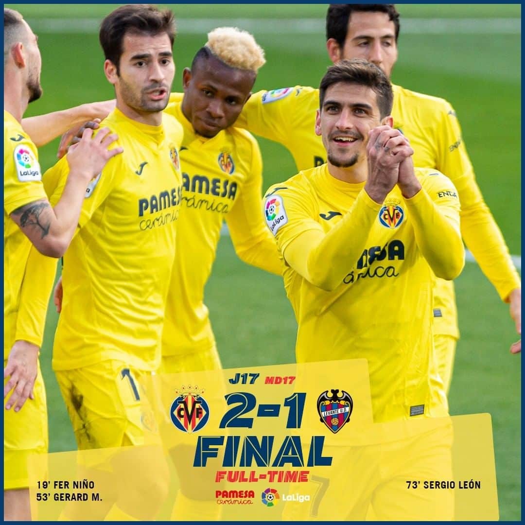 ビジャレアルCFのインスタグラム：「¡Y FINAL! ¡Final en La Cerámica y ➕3️⃣ para el Submarino (2-1)! ¡El #Villarreal, con esfuerzo y mucho trabajo, suma un nuevo triunfo con tantos de @ferni_9 y @gerard_moreno! . ¡💛VAAAAAAAAMOOOOOOS💛! . FULL-TIME at La Cerámica and ➕3️⃣ for the Submarine! (2-1). #Villarreal worked hard to pick up another win with goals by @ferni_9 and @gerard_moreno!  COME ONNNNN! 💛 .  #futbol #football #soccer #LaLiga」