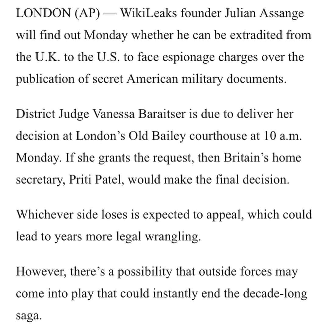 WikiLeaksさんのインスタグラム写真 - (WikiLeaksInstagram)「UK judge to rule on US extradition for WikiLeaks’ Assange」1月3日 2時35分 - wikileaks