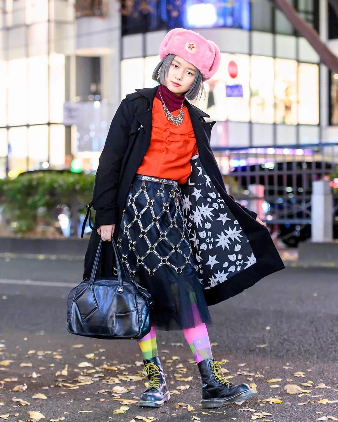 Harajuku Japanさんのインスタグラム写真 - (Harajuku JapanInstagram)「19-year-old vintage-loving English-speaking vegetarian Japanese student Yuria (@yuria_juria) on the street in Harajuku wearing a vintage faux fur hat, layered tops, wool coat, vintage cage skirt from Nude Trump Tokyo, a statement necklace, a Vivienne Westwood handbag, colorful tights, and Dr. Martens boots. (Harajuku kids wear masks, but some kids take them off briefly when shooting photos.)」1月3日 5時37分 - tokyofashion