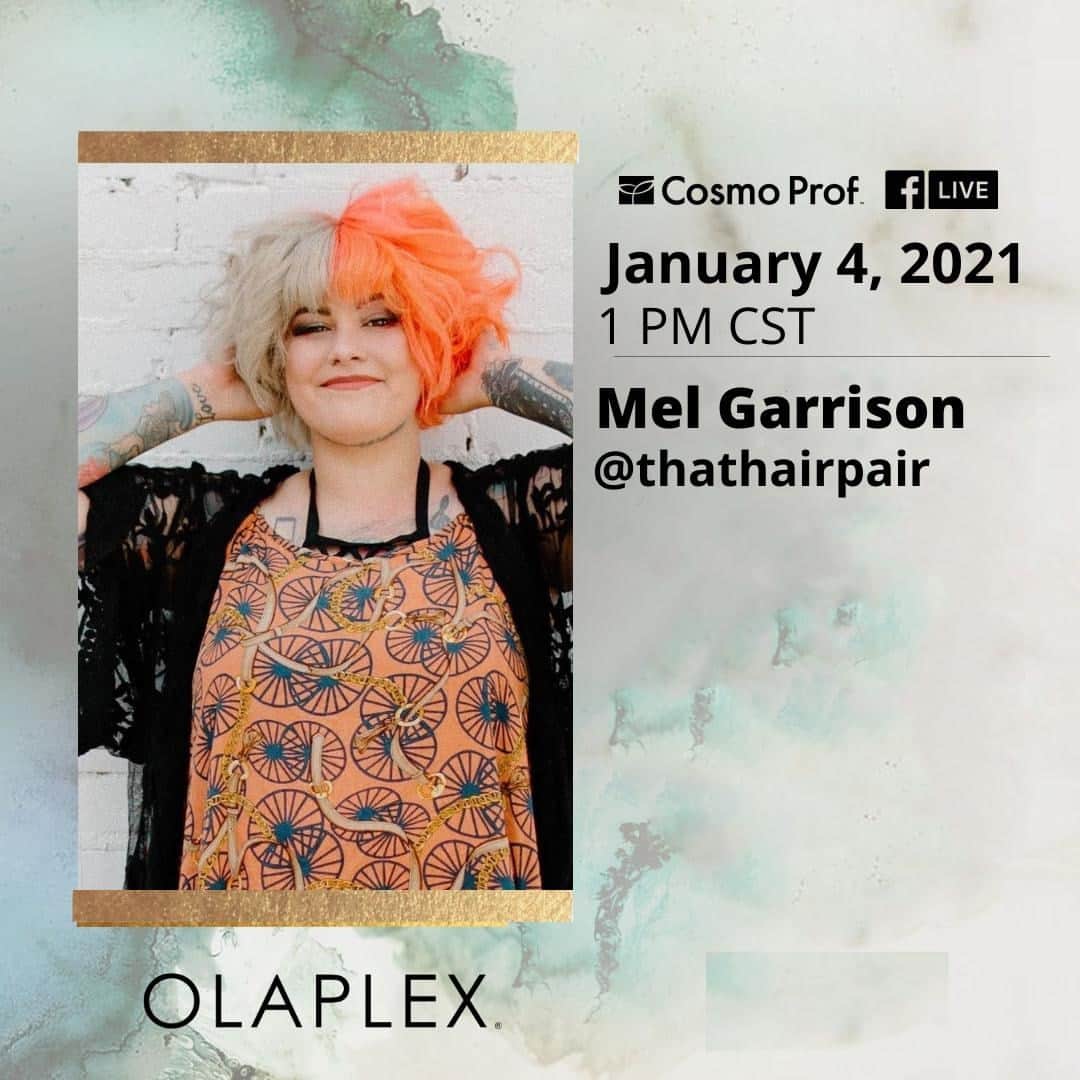 のインスタグラム：「Start the New Year strong with Olaplex education! 🖌  Join us Monday, January 4th at 1 PM CST, for a Facebook Live event with Mel Garrison. Mel will be doing a "CrissxCross" color technique using Olaplex No. 1 and 2.  Don't forget to give us a 👍 on Facebook to receive notifications once we go live!⁣⁣⁣⁣⁣⁣⁣⁣  #olaplex #olaplextreatment #olaplexlove #olaplexhair #cosmoprofbeauty #licensedtocreate #facebooklive #haireducation #hairtutorials #hairtutorial」