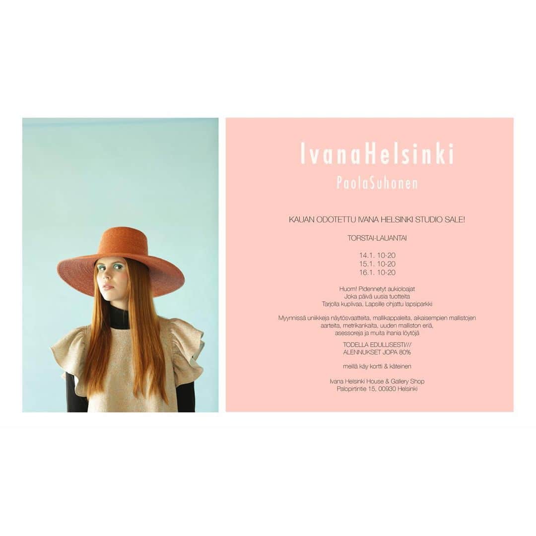イヴァナ ヘルシンキのインスタグラム：「KAUAN ODOTETTU Ivana Helsinki Studio Sale!  TORSTAI-LAUANTAI  14.1. 10-20 15.1. 10-20 16.1. 10-20  Huom! Pidennetyt aukioloajat Joka päivä uusia tuotteita Tarjolla kuplivaa, Lapsille ohjattu lapsiparkki   Myynnissä uniikkeja näytösvaatteita, mallikappaleita, aikaisempien mallistojen  aarteita, metrikankaita, uuden malliston eriä, asessoreja ja muita ihania löytöjä    TODELLA EDULLISESTI/// ALENNUKSET JOPA 80%   meillä käy kortti & käteinen  Ivana Helsinki House & Gallery Shop Palopirtintie 15, 00930 Helsinki」