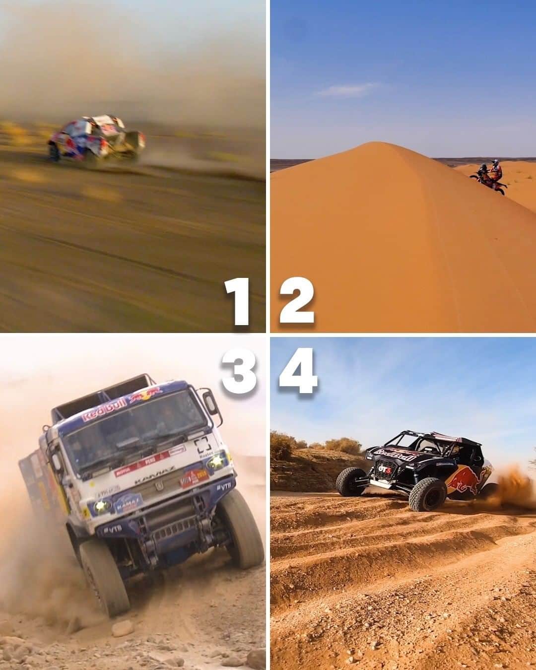 レッドブルのインスタグラム：「you have one chance, and one chance only to compete in Dakar Rally...   CHOOSE 🔥 YOUR 🔥 VEHICLE 👇 👀   ~link in bio to watch the Dakar Daily on Red Bull TV~ #redbull #givesyouwiiings #motorsports #dakar #rally」