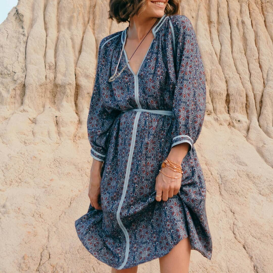 ミーガンパークのインスタグラム：「Swishing into the new year // @gypsyfind wears the silky soft Melike Day Dress, the perfect piece for relaxed summer days and evenings」