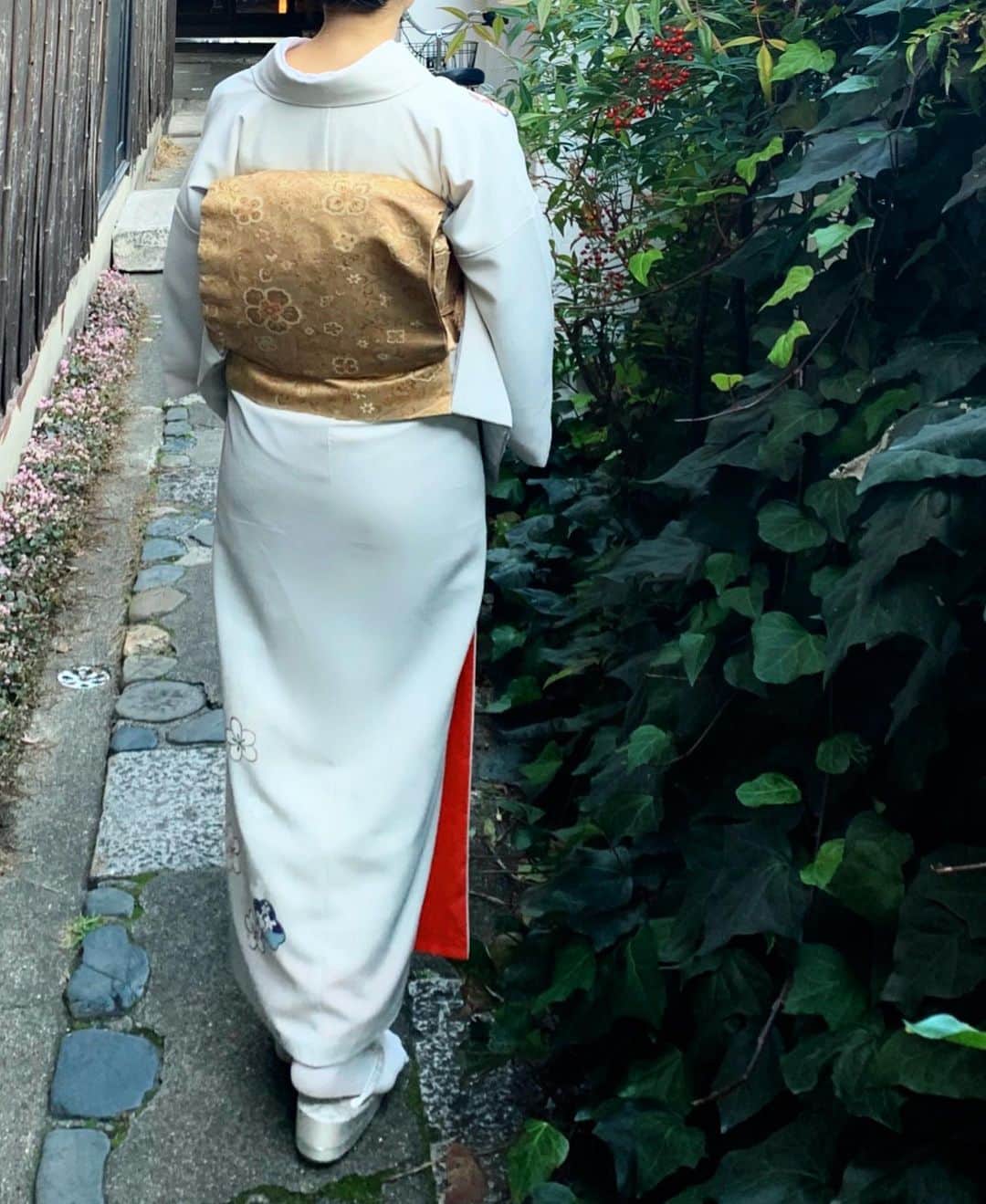 RIKAPEPEのインスタグラム：「初めて自分でコーディネートしてみた。憧れの名古屋帯。内に紅をチラリ。初心者だから正解が分からないけど、楽しい。 ・ ・ #名古屋帯  #八掛  #着物コーディネート #着物初心者  #女将  #wargokimono @kyotokimonorental.wargo」
