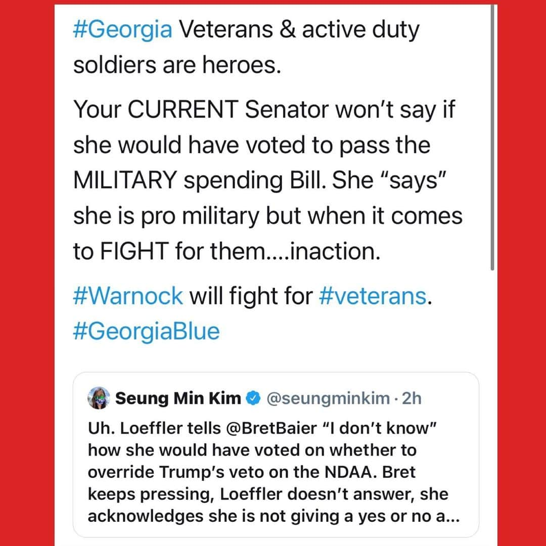 デブラ・メッシングさんのインスタグラム写真 - (デブラ・メッシングInstagram)「Veterans & our Active duty Soldiers are American HEROES. 🇺🇸  If you live in #Georgia and are or love a service person, you should know what your Current Senators VOTED AGAINST.  It’s easy to say “God bless our troops,” or that you are Pro-Military, but when it was time to FIGHT for #GA Veterans,....INACTION. Or BLOCKING bills that would support those who have sacrificed for our country the most.  SWIPE👉🏻 and learn more. It ends with more beautiful “Faces Of Change” from early voting! 🧡 [🚨One of the slide has. TYPO!! Election Day is Tuesday Jan 5th* !!!🚨]  #Makeaplan  #georgiaonmymind #georgiapeach #atlanta #savannah #Dekalb #Cobb #JonOssoff #RaphaelWarnock #civilrights #votingrights #johnlewis #goodtrouble #veterans #climate #FlipTheSenate #senate #vote #election #BlueWave #ossoff #warnock #BidenHarris 🇺🇸#Gwinitt #davidperdue #Perdue #Loeffler #KellyLoeffler」1月4日 2時34分 - therealdebramessing