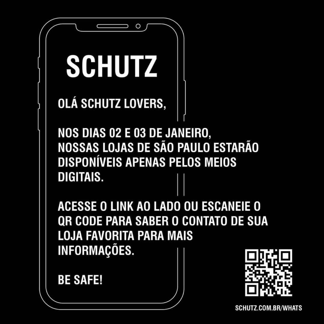 Schutzのインスタグラム：「HELLO SCHUTZ LOVERS,  Nos dias 02 e 03 de Janeiro, nossas lojas de São Paulo estarão disponíveis apenas meios digitais.  Click no link da Bio para encontrar a loja mais próxima ou dar continuidade ao seu atendimento. Be Safe! Happy New Year!」