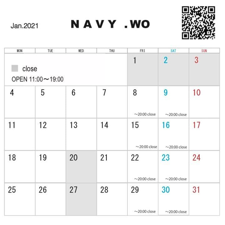 ネイビー ウォさんのインスタグラム写真 - (ネイビー ウォInstagram)「【自由が丘店・営業日時のご案内】﻿ ﻿ NAVY.WO自由が丘店は 1月4日 11:00より初売りとなります㊗️﻿ ﻿ 1月の毎週金曜、土曜は11:00から20:00まで営業いたします。﻿ 1/20（水）、27（水）の2日間は店休日とさせていただきます。﻿ （前日までご来店のご予約を受け付けております。水曜日のご来店もお気軽にお問い合わせくださいませ。）﻿ ﻿ どうぞよろしくお願いいたします🎍﻿ ﻿ 🎁2021年3月31日までに公式アプリをダウンロードでNet-shopで使える500円OFFクーポンコードや自由が丘店or小倉店で使用できる1000円OFFクーポンをプレゼント🎁﻿ ﻿ ﻿ ⚠️店頭で使用出来るクーポンは店舗スタッフが確認いたしますので必ず店頭で『クーポンを使用する』をタップするようにお願いいたします。一度『クーポンを使用する』をタップしてしまいますと、使用済みになり1000円OFFが適用されなくなりますのでご注意ください。﻿ ﻿ #jiyugaoka#navywo#madeinjapan#tokyobrand#navywo#fw20#wintersale#ネイビーウォ#自由が丘店#新春セール#公式アプリ#初売り」1月3日 20時40分 - navywo