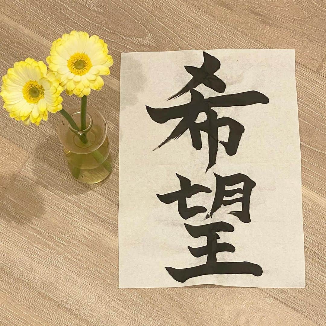藤川千愛さんのインスタグラム写真 - (藤川千愛Instagram)「ガーベラを黄色に染めました。ガーベラの花言葉が「希望」という事で書初めもした。　#花染め #書初め」1月3日 20時57分 - fujikawa_chiai