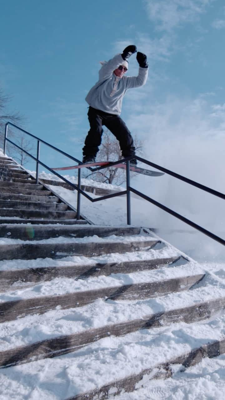 アナログクロージングのインスタグラム：「Slow it down to 938 frames per second and watch frame by frame as @mariathomsen perfects this rail in Minnesota.  Stream One World Via Link In Bio.  #BurtonOneWorld #Phantomflex4K」