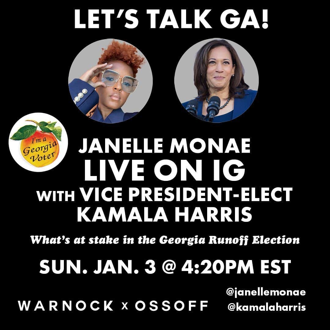 ジャネル・モネイさんのインスタグラム写真 - (ジャネル・モネイInstagram)「‼️TODAY in less than an hour, join me and Vice President-Elect @kamalaharris for LET'S TALK GA! on IG Live at 1:20PM PST/4:20PM EST!!!!」1月4日 5時39分 - janellemonae