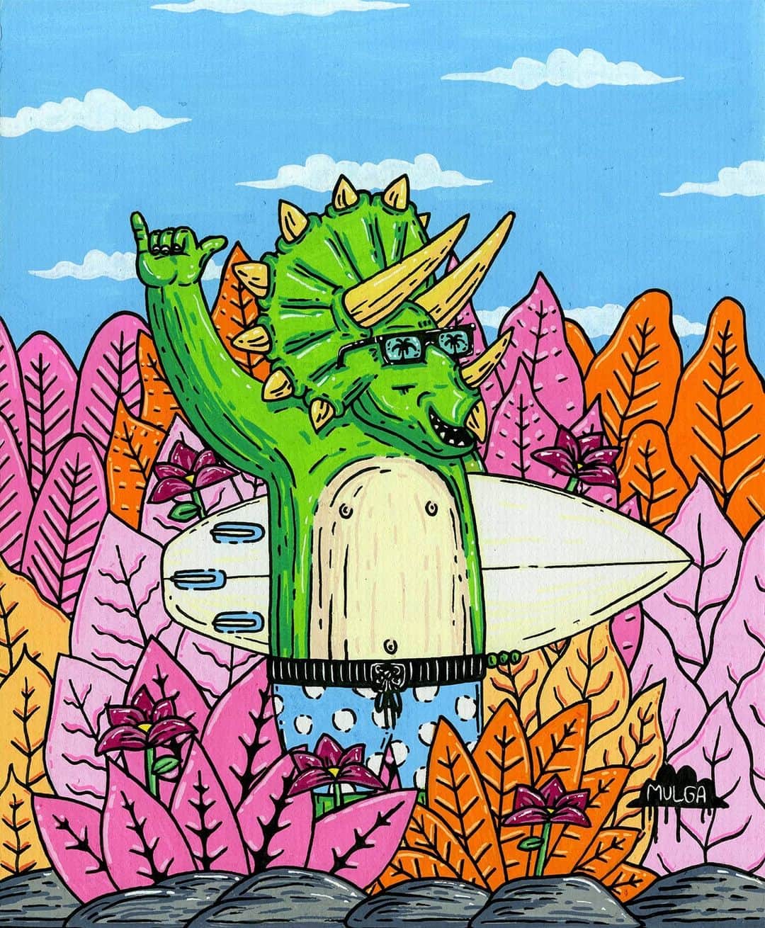 MULGAさんのインスタグラム写真 - (MULGAInstagram)「It's Ronnie the Triceratops, the original drawing of Ronnie is up for sale on my website as are some sweet boardshorts featuring him. ⁣ ⁣ The story of Ronnie the Triceratops⁣ ⁣ Once there was a triceratops and his name was Ronald but everyone called him Ronnie. He lived on a small tropical island where he owned and operated a sweet little surf resort called Ronnie's Surf Resort. The resort was very popular and was booked out for most of the year even the times of the year when the surf wasnt very good and Ronnie surfed everyday and was one of the best triceratops surfers going around. He was even featured on the cover of Triceratops Surfer Monthly for a huge wave he caught out at Deadmans. ⁣ ⁣ The End⁣ ⁣ #mulgatheartist #triceratops #dinosaur #dinosaurart」1月4日 9時23分 - mulgatheartist