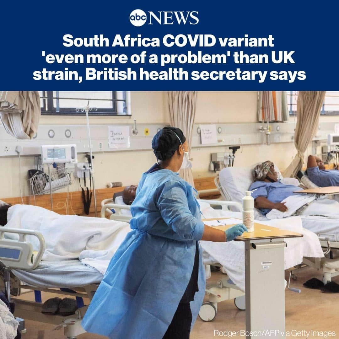 ABC Newsさんのインスタグラム写真 - (ABC NewsInstagram)「A new variant of the novel coronavirus identified in South Africa is “even more of a problem” than the highly contagious strain spreading rapidly in the United Kingdom, according to U.K. Health Secretary Matt Hancock. MORE AT LINK IN BIO. #coronavirus」1月4日 20時55分 - abcnews