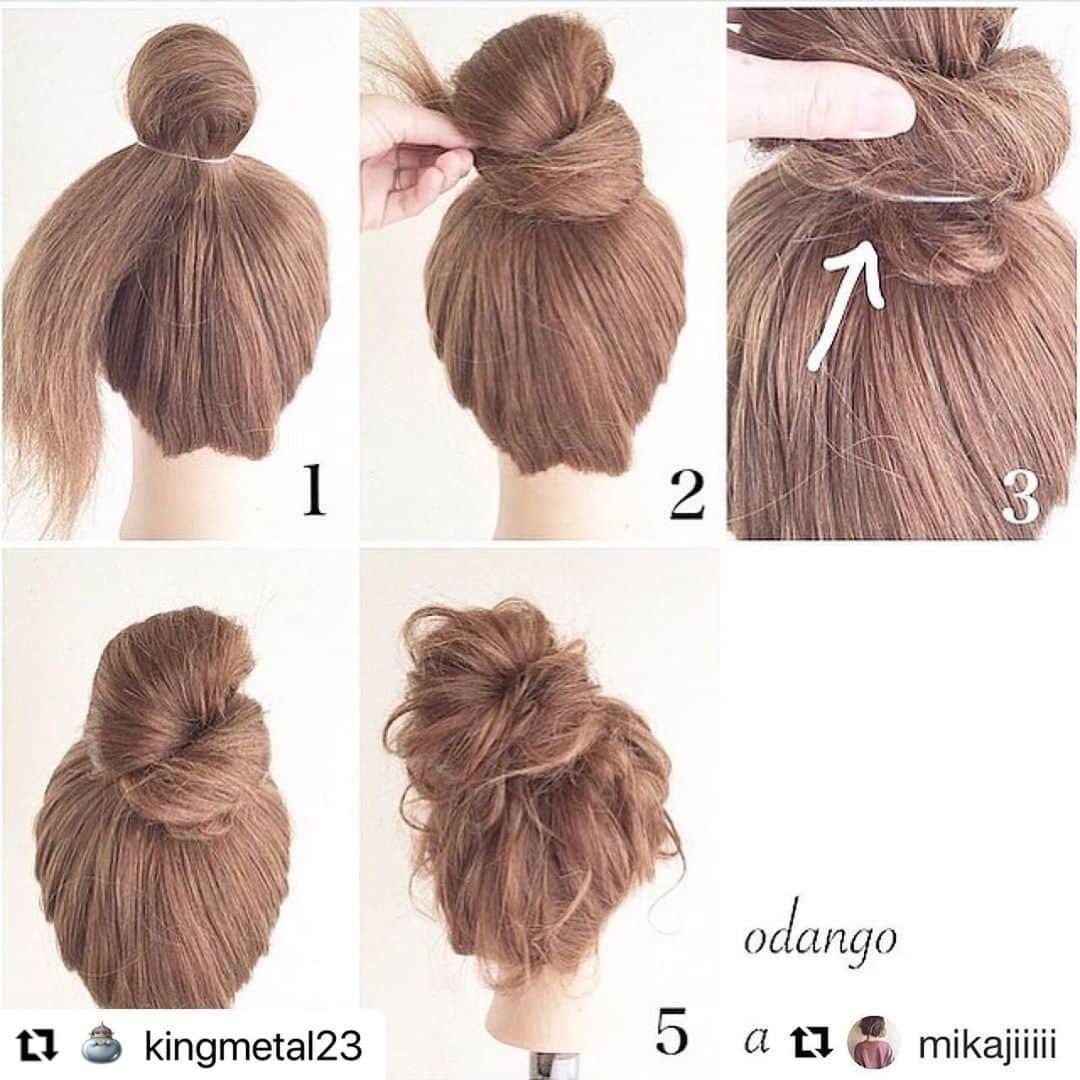 kingmetal23 ヘアアレンジさんのインスタグラム写真 - (kingmetal23 ヘアアレンジInstagram)「皆様こんばんは😊🌜  #Repost @mikajiiiii with @get_repost ・・・  ピンを使わないお団style𓅿 ポニーテールができる長さがあれば作れるので、私も娘にもよくします(o^^o) 〈STEP〉  ①おだんごを作りたい位置に、ポニーし毛先を残してくくります。  ②根元に毛先をくるくるまきつけてゴムをかぶせるようにしてとめます。  完成 !!!そのままでも、少しずつほぐしてルース感をだしても可愛いです☆  #ヘアアレンジ#美容師 #美容院#神戸#美容室#ロカリ#兵庫#三宮#元町#トアウエスト#栄町#神戸美容室#アントテン#antten#簡単アレンジ#ヘアアレンジ解説 #ヘアアレンジ動画 #簡単ヘアアレンジ #アレンジ動画 #アレンジ解説 #ロカリヘア」1月4日 21時29分 - kingmetal23