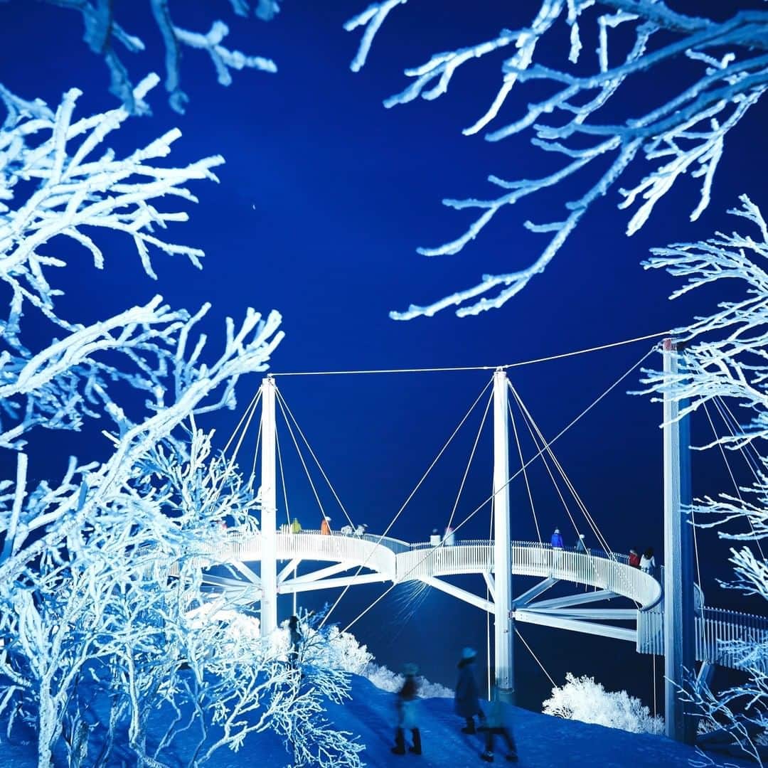 星野リゾートのインスタグラム：「【星野リゾート 冬の施設紹介】 霧氷テラス - Terrace of Frost Tree  山麓から雲海ゴンドラに乗って約13分、氷と大自然が織りなす、神秘的な景色が広がります。氷点下の環境で空気中の水分や霧が樹木に付着する現象「霧氷」を鑑賞でき、雪山の絶景を楽しめるテラスです。  The ice and nature are interwoven to open up a mysterious scenery.  ▼おすすめのポイント▼ ➀眼下に広がる雪山の絶景を眺める「霧氷テラス」 ➁期間限定でおこなうライトアップではキラキラ輝く霧氷を鑑賞。 ➂雲海ゴンドラに乗ればスキーやスノーボードをしない方々も雪山の美しさを堪能できます。  #HoshinoResorts #星野リゾート #UnkaiTerrace #Hokkaido #Tomamu #北海道 #トマム #雲海 #Unkai #travelJapan #ig_Japan #JapanTravel」